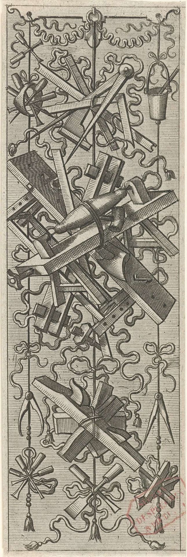 Trofee met timmermansgereedschap by Johannes of Lucas van Doetechum
