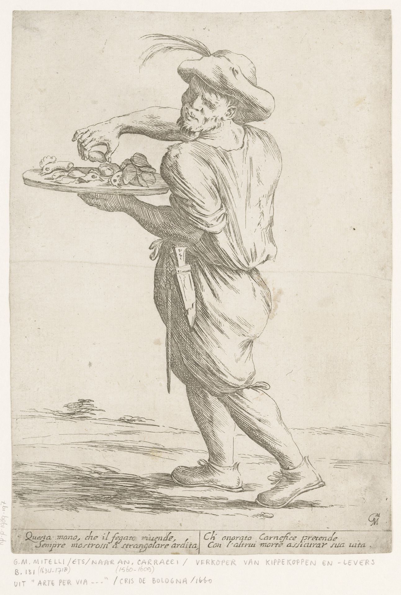 Straatverkoper van kippenkoppen en kippenlevers by Giuseppe Maria Mitelli