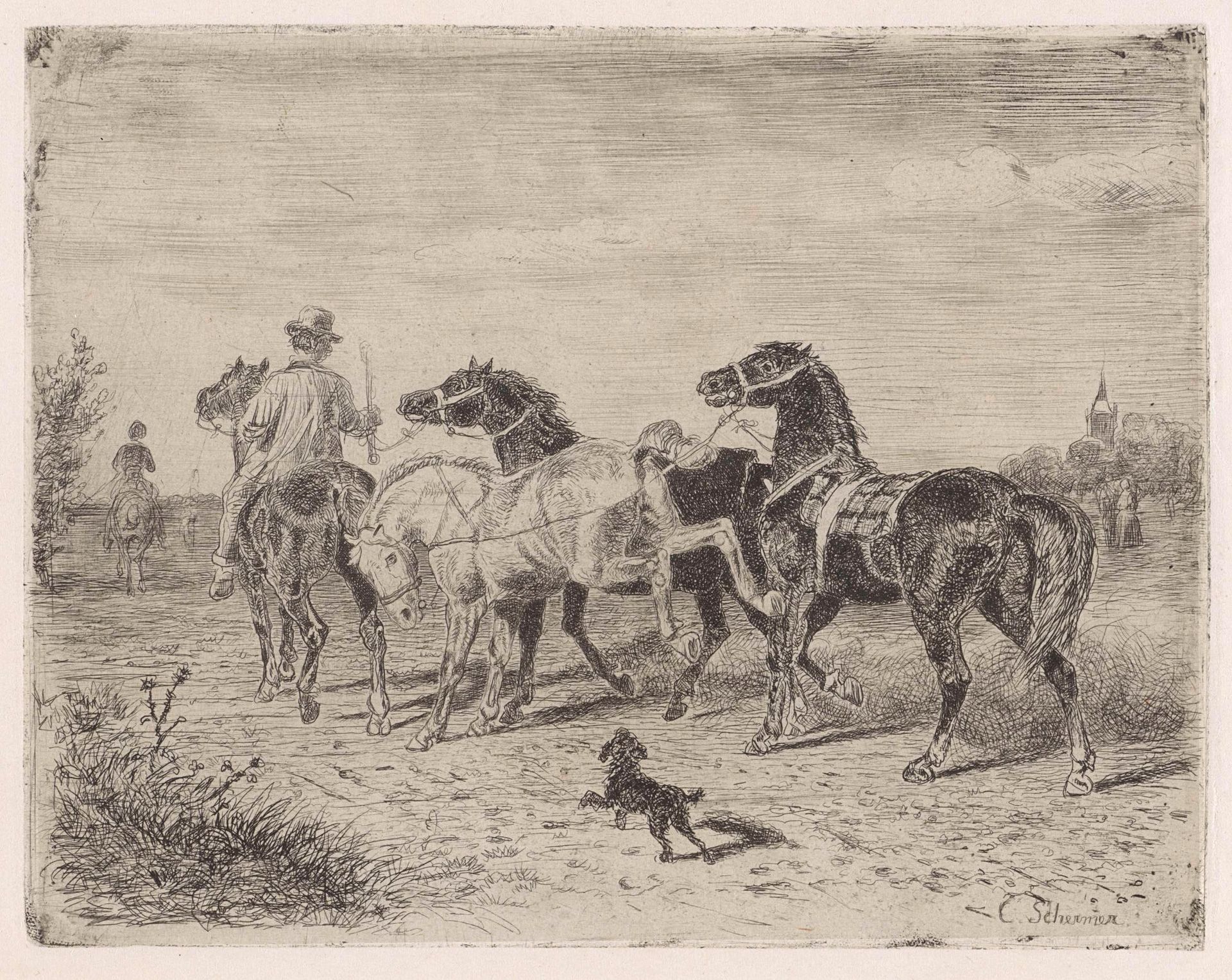 Ruiters met paarden by Cornelis Albertus Johannes Schermer