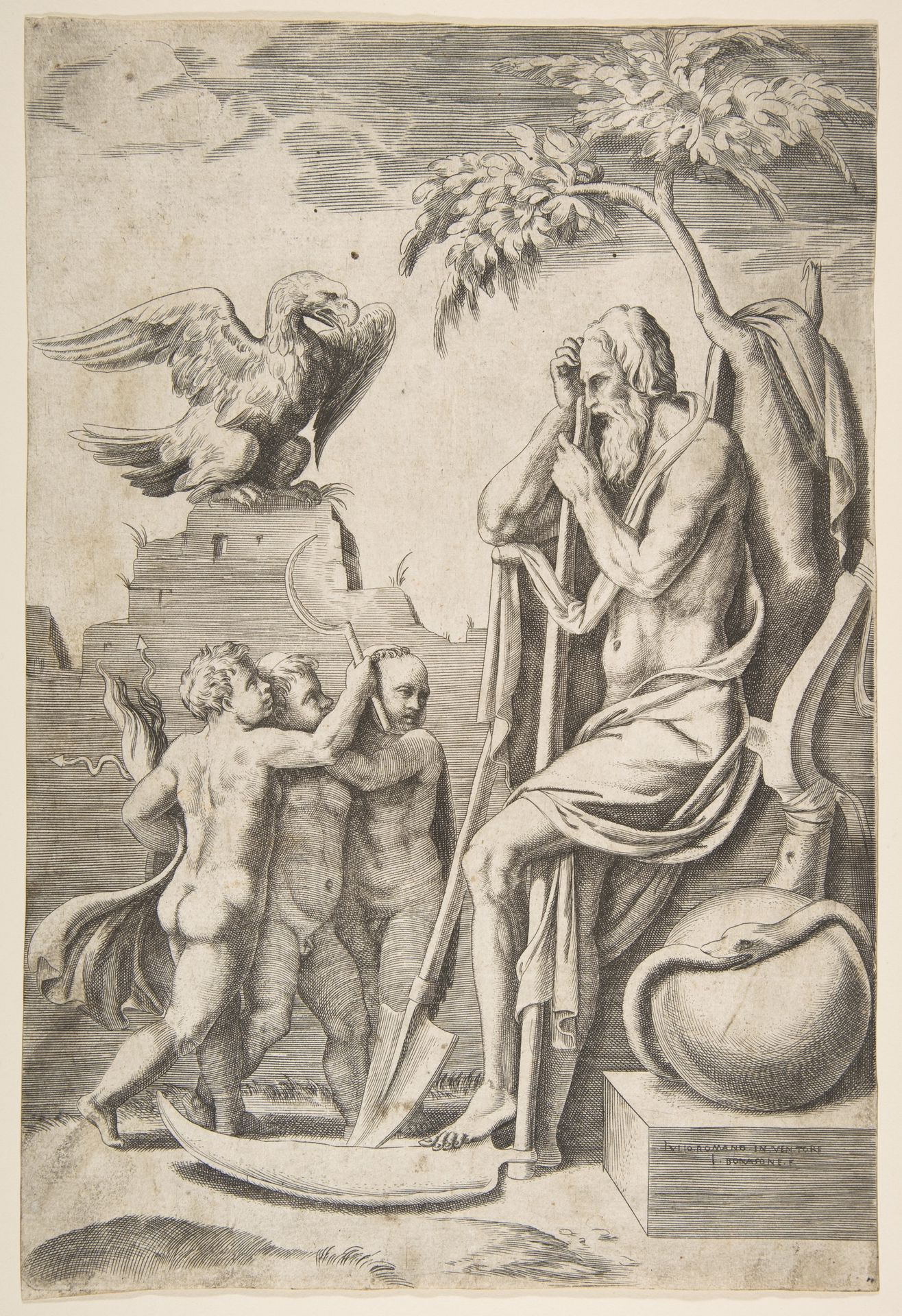 Father Time at the right leaning on a scythe, three naked boys and eagle at the left by Giulio Bonasone