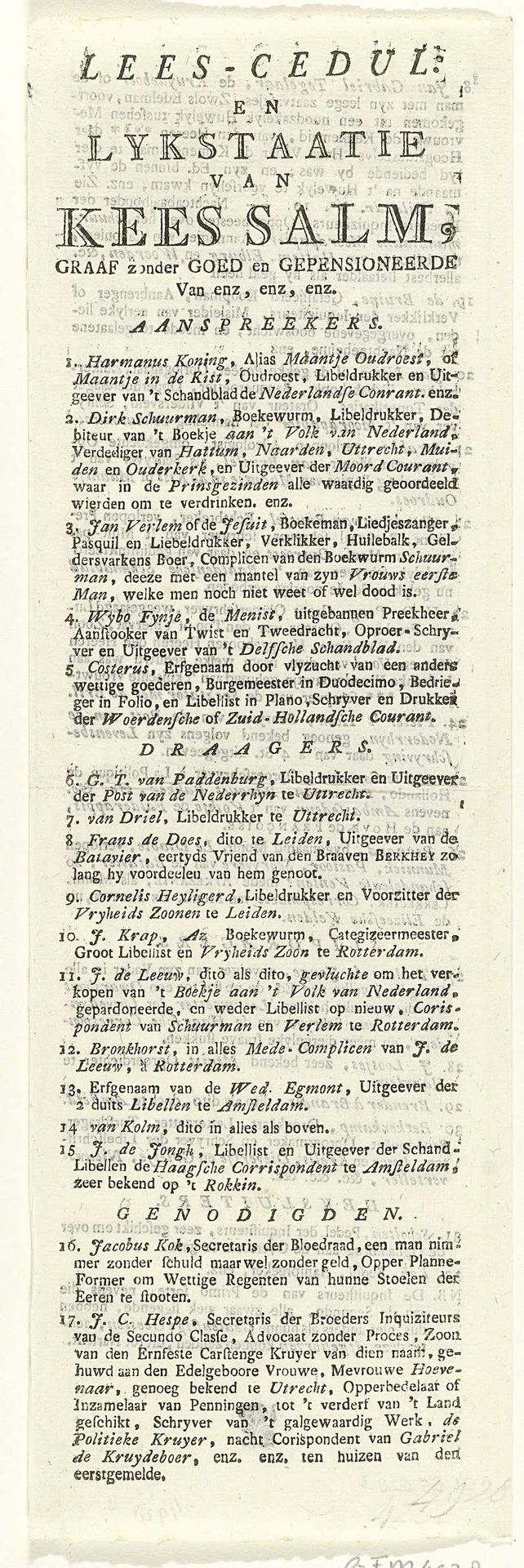 Naamlijst bij de prent met de begrafenis van een dode zalm, 1787 by Anonymous