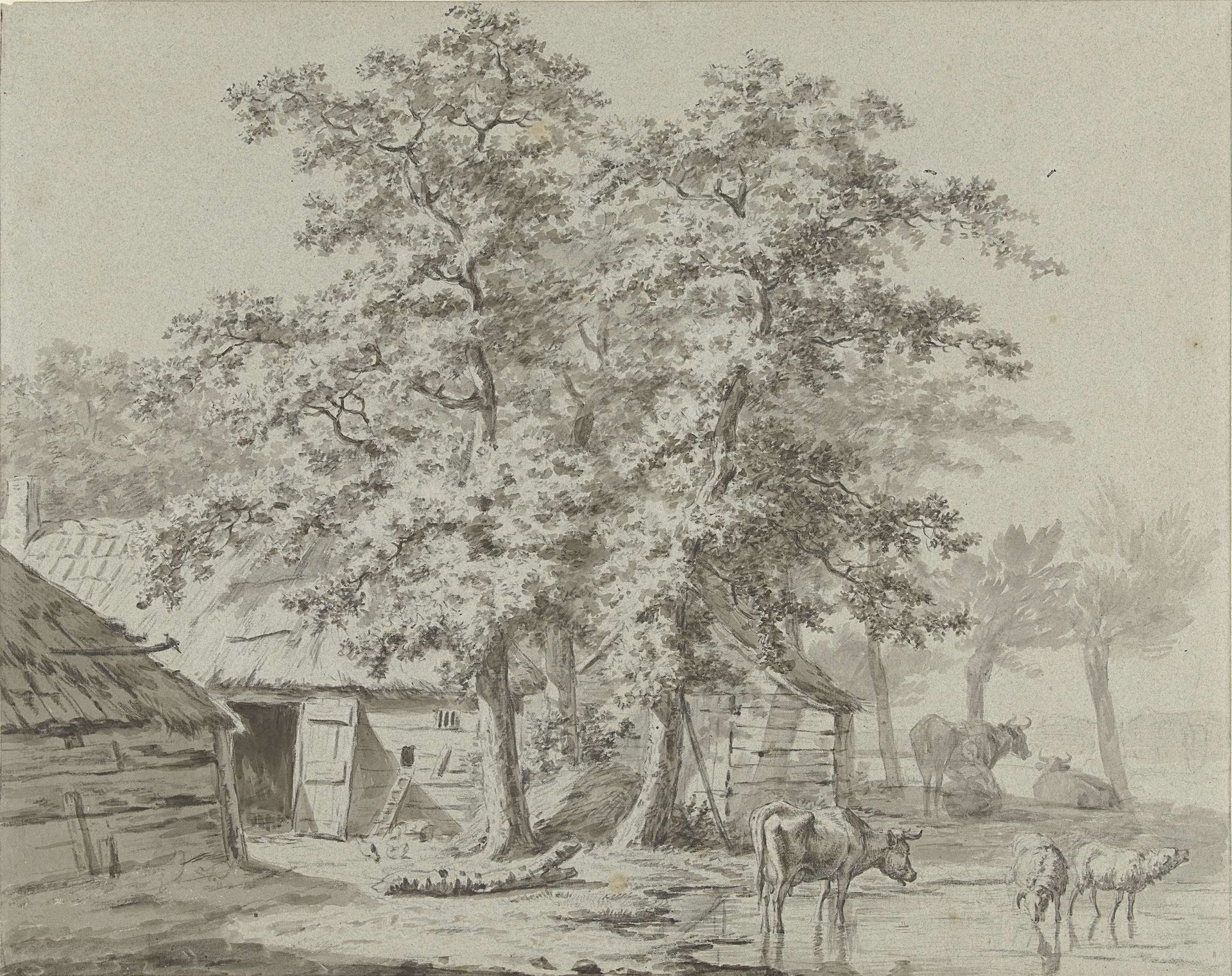 Boerderij onder bomen met vee bij water by Jan (I) Kobell