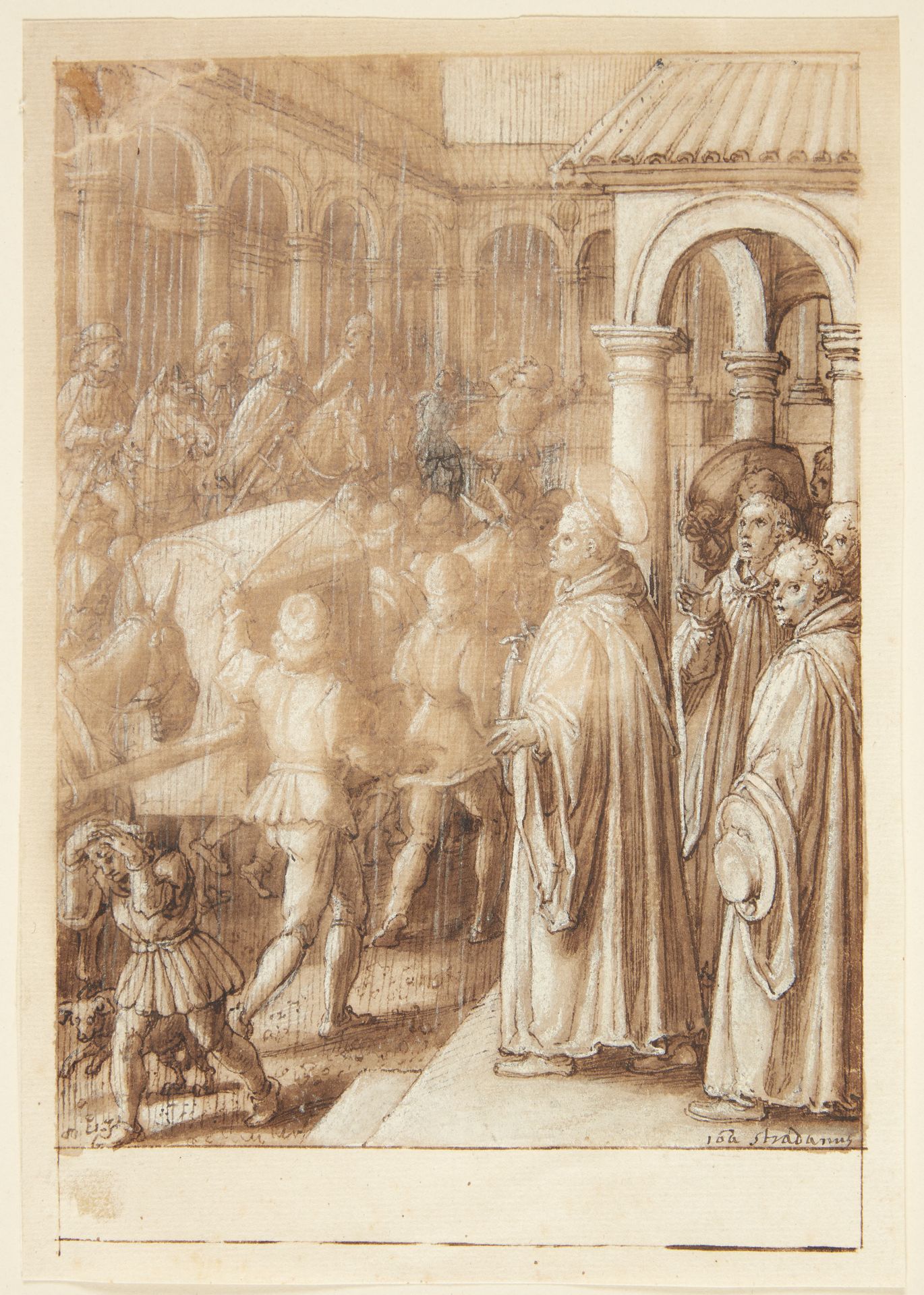 S. Giovanni Alberti Fiorentinos historie. Helgenen anklager på torvet biskopperne af Firenze for simoni(?) by Jan van der Straet