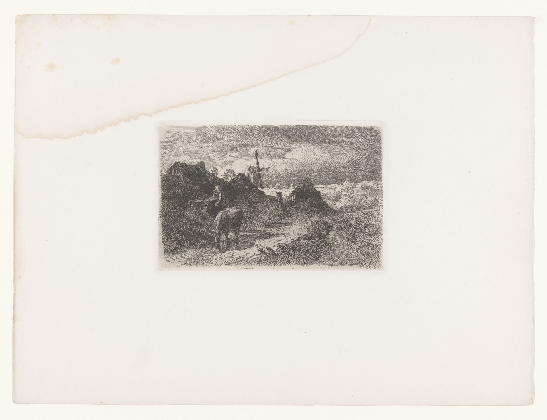 Landschap met een molen, een vrouw en een grazende koe by Andreas Achenbach