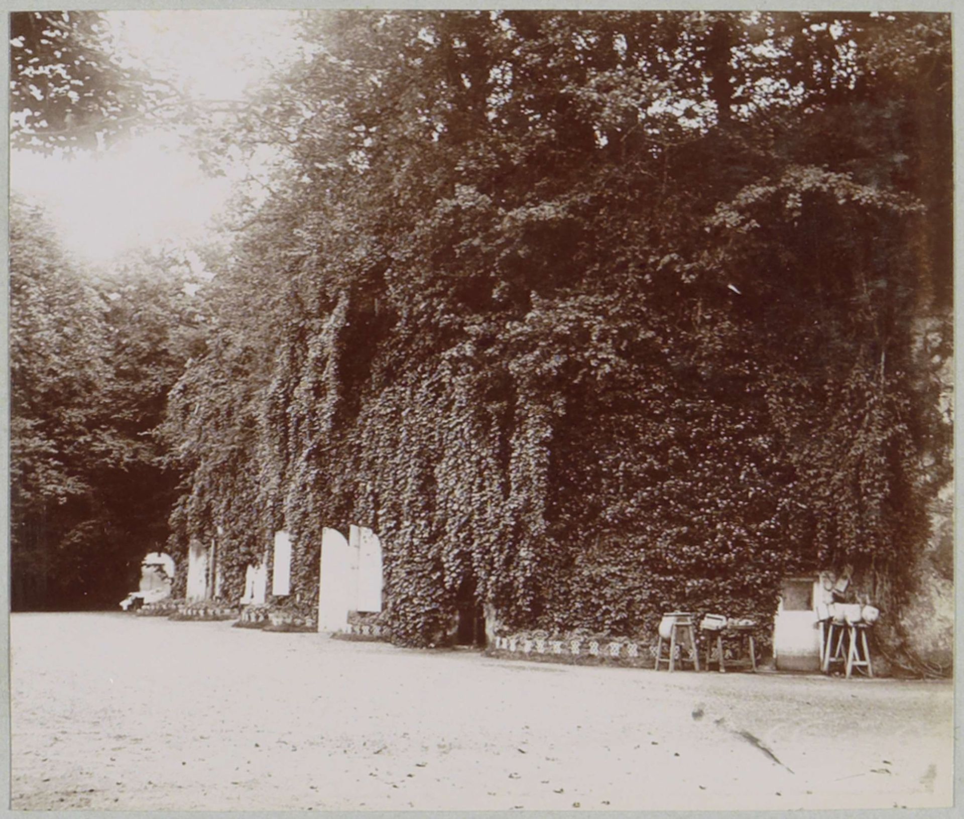 Overgroeid gebouw aan een binnenplaats (aangeduid als 'La Charpenterie'), vermoedelijk bij een landhuis of kasteel in Frankrijk by Delizy