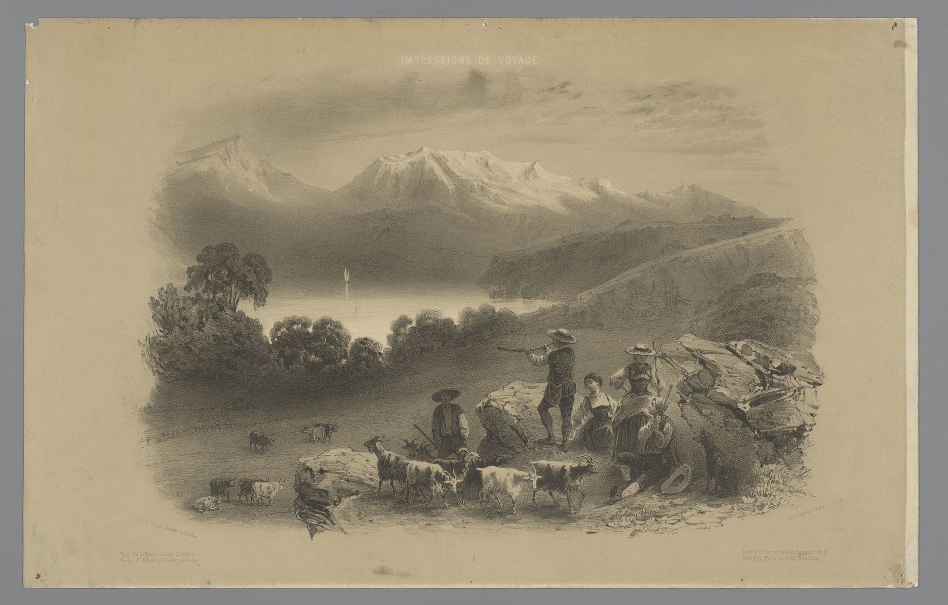 Berglandschap met geitenhoeders en bergmeer by Jean Louis Tirpenne