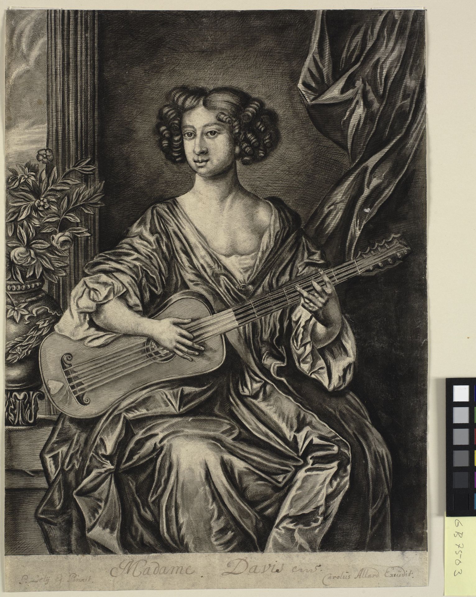 Lady playing the guitar, "Madame Davis"; after Sir Peter Lely's painted portrait, c. 1674 of Mary Davies in the Earl of Bradford collection by Thomas Watson