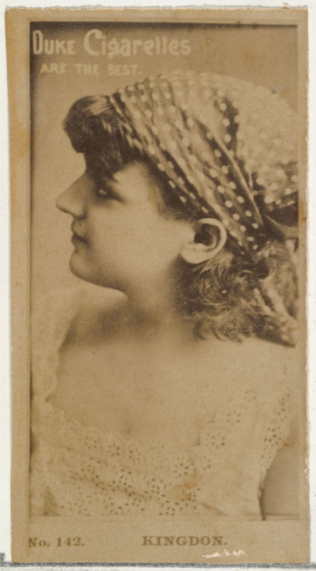 Card Number 142, Miss Kingdon, from the Actors and Actresses series (N145-6) issued by Duke Sons & Co. to promote Duke Cigarettes by W. Duke, Sons & Co.