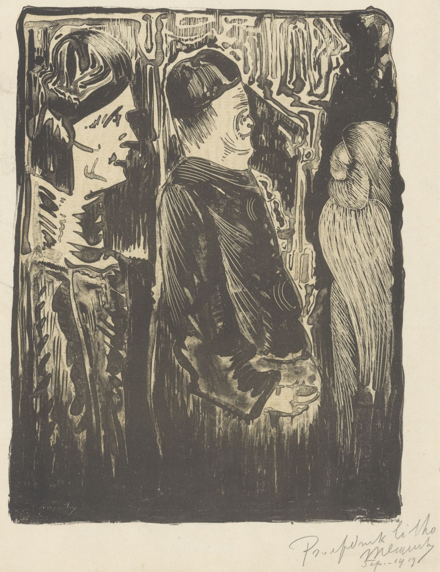 Fantasie: links twee figuren met mutsen op naar rechts, rechts een ingekraste verschijning met verenkleed by Samuel Jessurun de Mesquita