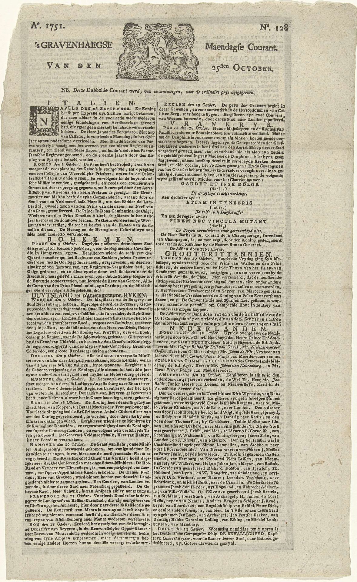 De 's Gravenhaegse Maendagse Courant van 25 october met het bericht van het overlijden van prins Willem IV, 1751 by Anonymous