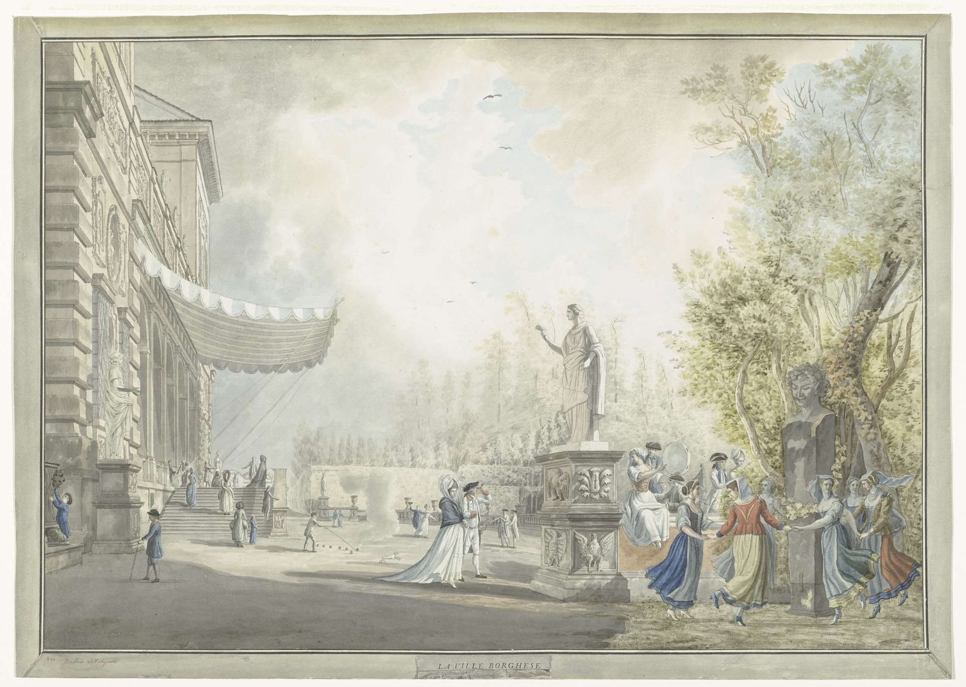 Gezicht op de Villa Borghese Pinciana en de Villa Borghese tuinen te Rome by Giovanni Volpato