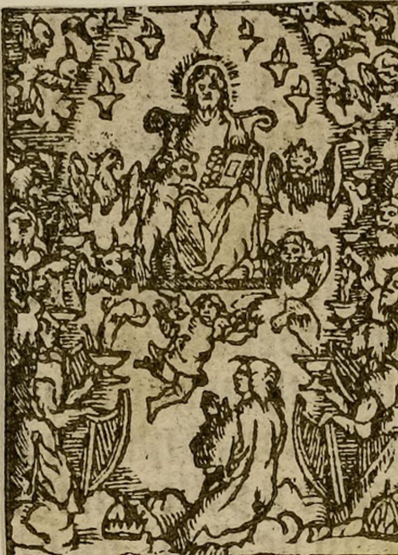 Illustration XLIX: the 2nd figure: John beholds the throne of God. Before it, 7 lamps of fire burn, which are the 7 Spirits of  God, and 4 beasts give glory and honor to God (Revelation 4). by Anonymous