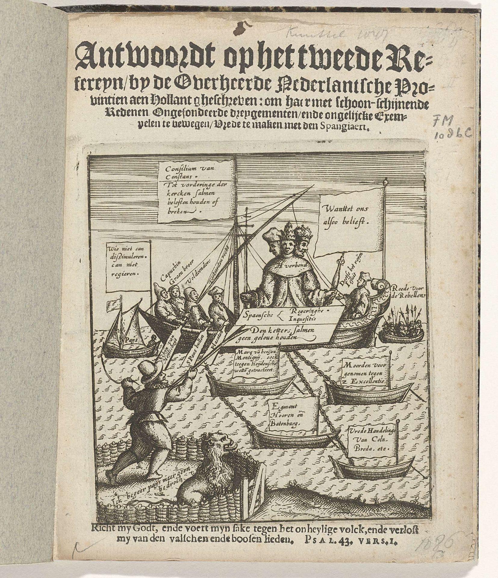 Titelpagina van het pamflet: Antwoordt op het tweede Refereyn, by de Overheerde Nederlantsche Provintien aen Hollant gheschreven : om haer met schoon-schijnende Redenen Ongefondeerde dreygementen, ende ongelijcke Exempelen te bewegen Vrede te maken met den Spangiaert, 1598 by Anonymous