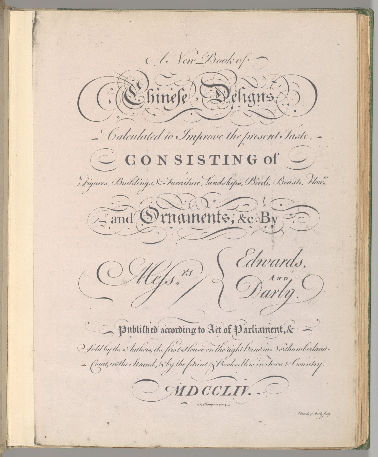 Title page of "A New Book of Chinese Designs" by Matthew Darly