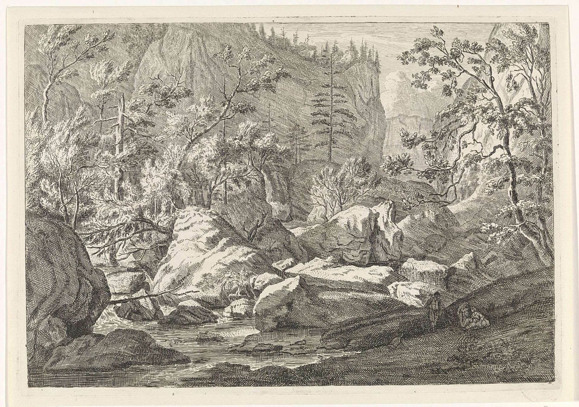 Ravijn met rotsblokken en bomen by Johannes Glauber