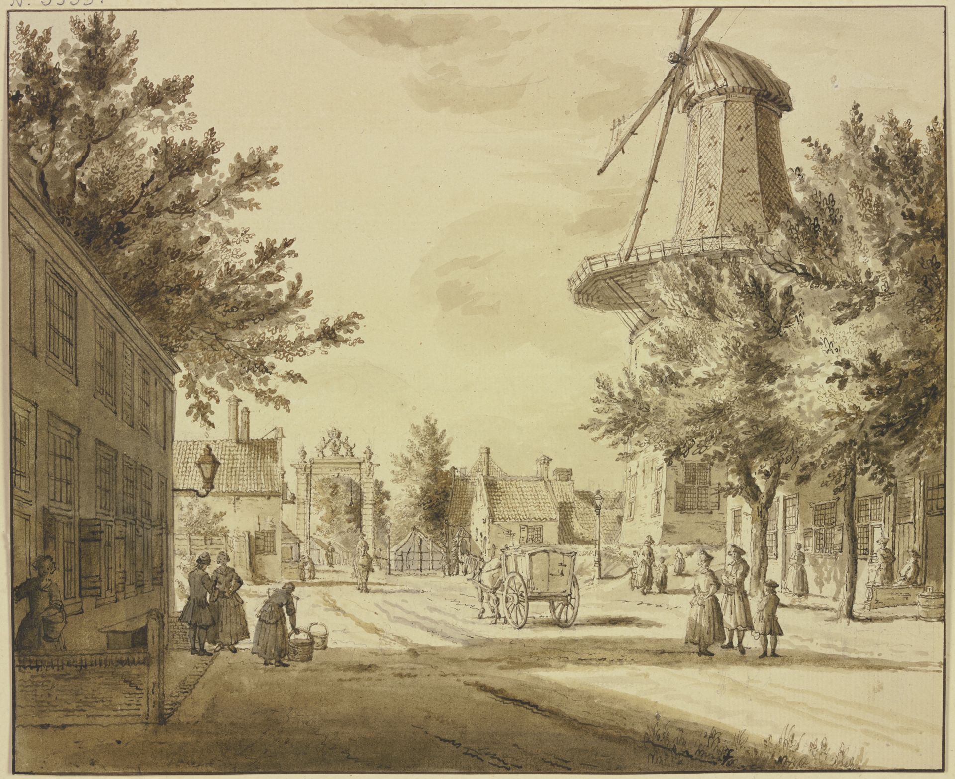 Straßenansicht bei einem Stadttor, rechts eine Windmühle by Paulus Constantijn la Fargue