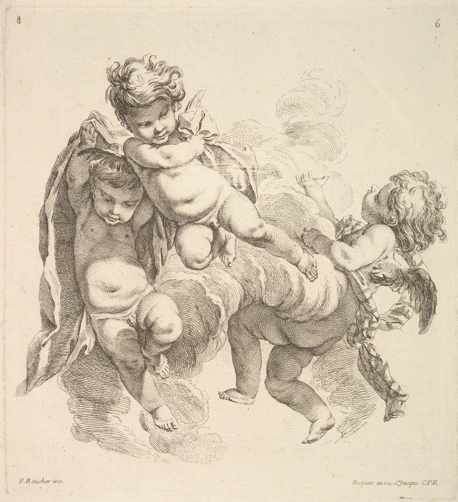 Three Children Among Clouds Carrying a Drapery by Gabriel Huquier