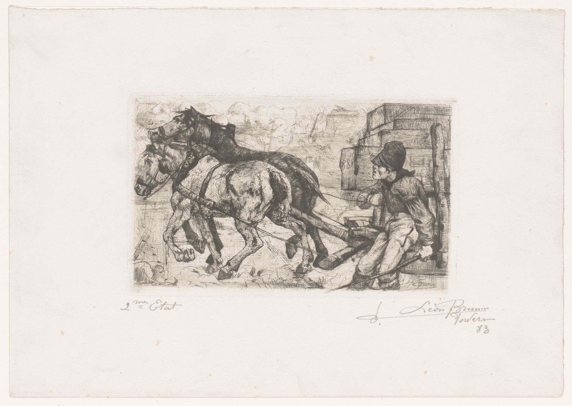 Wagenmenner leidt een tweespan dat een zwaar beladen kar trekt by Léon Brunin