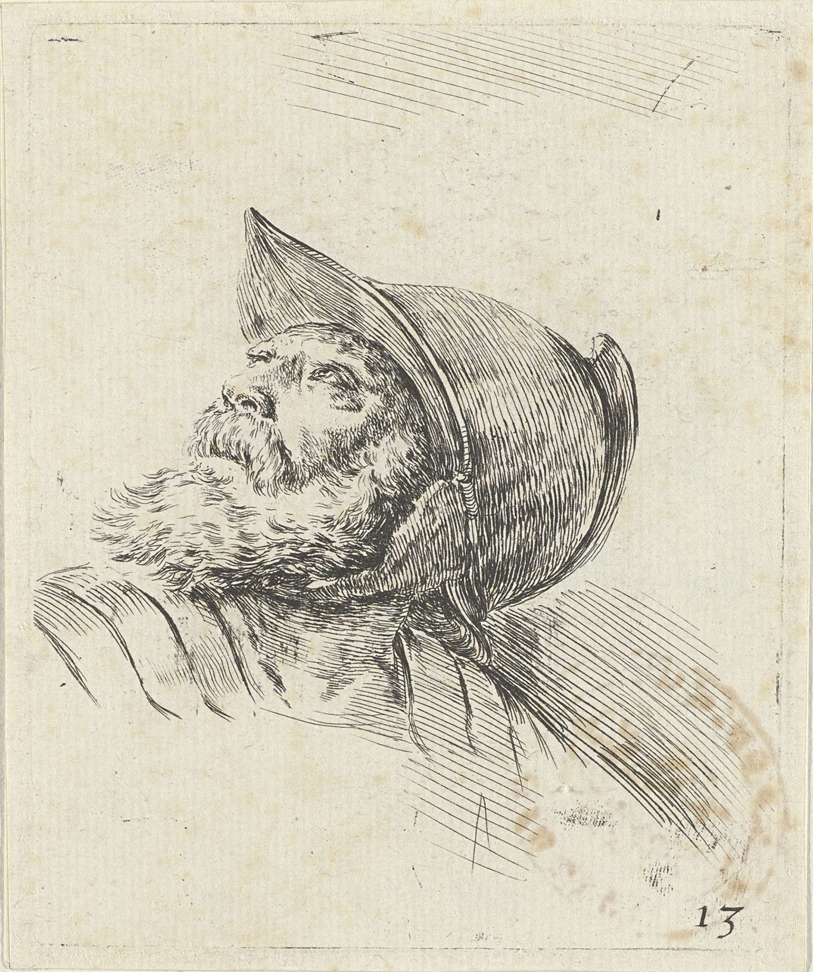 Hoofd van een oude soldaat met baard en helm, naar links omhoog kijkend by Stefano della Bella