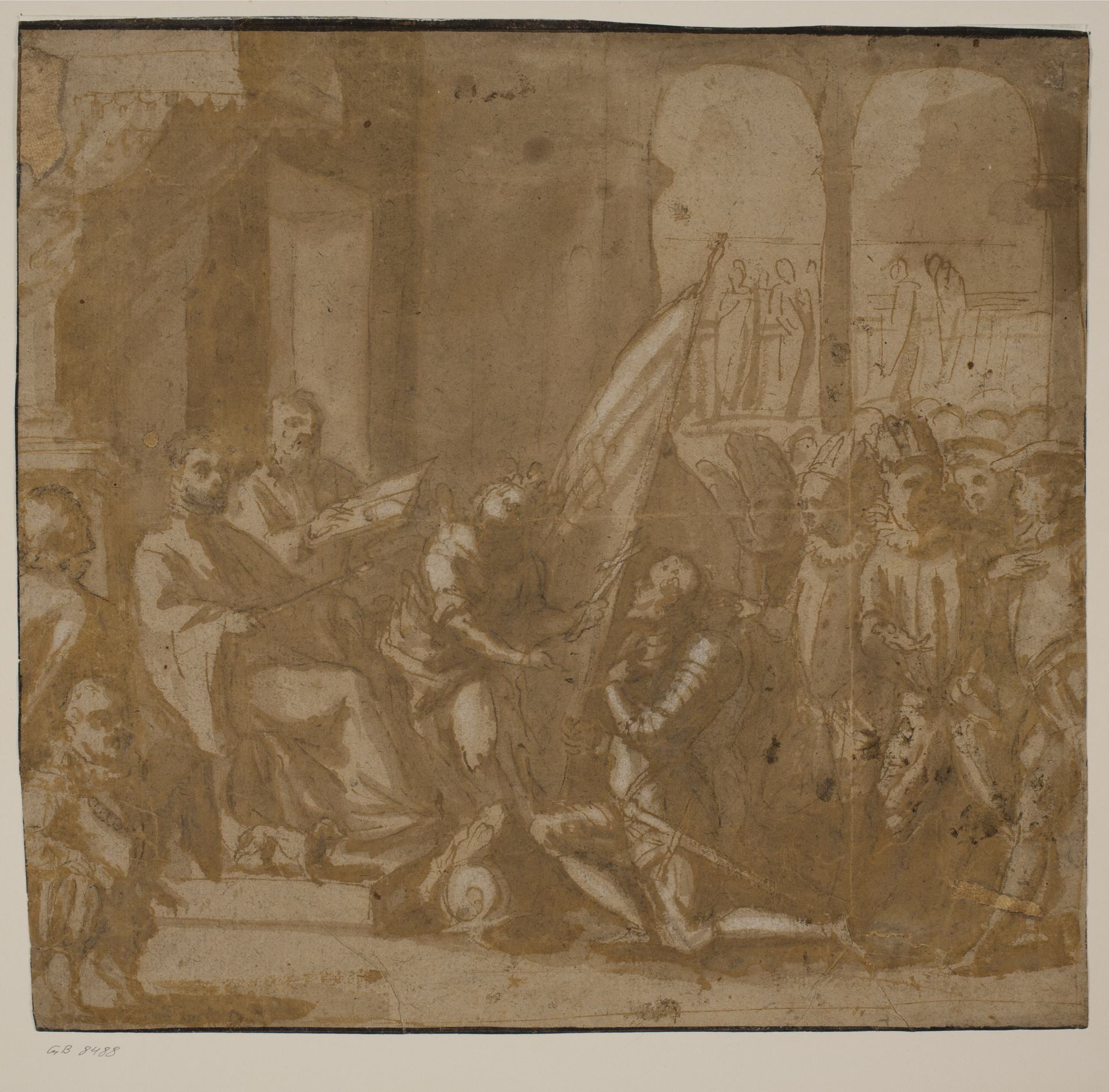 A soldier in armour kneeling in front of an enthroned procurator by Anonymous