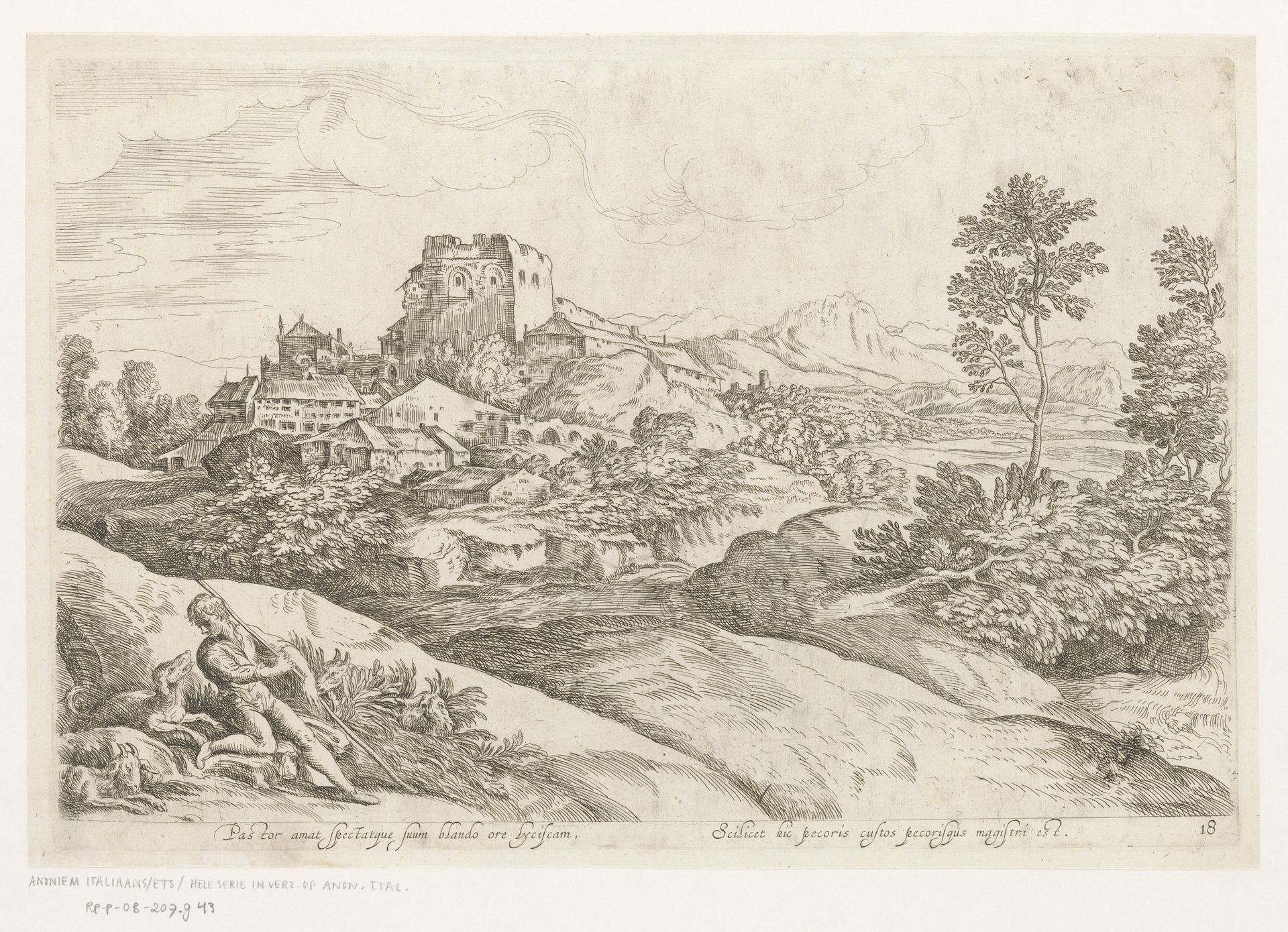 Landschap met nederzetting en een herder by Anonymous