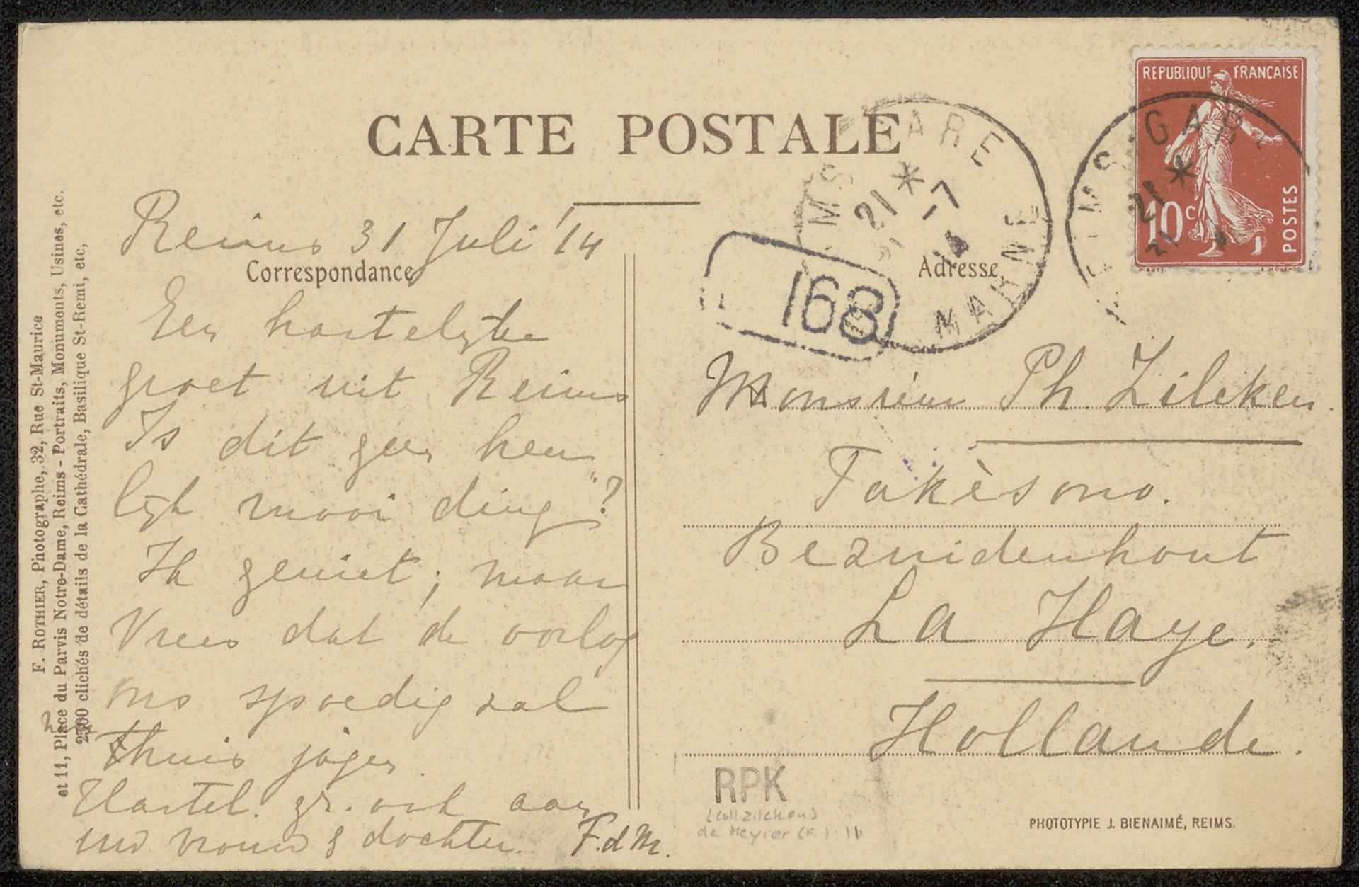 Prentbriefkaart aan Philip Zilcken by Fenna de Meyier