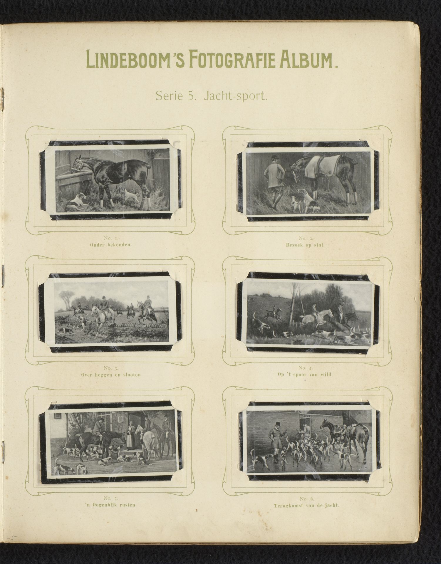 Zes reproducties van tekeningen van paarden en honden tijdens een jacht by Anonymous