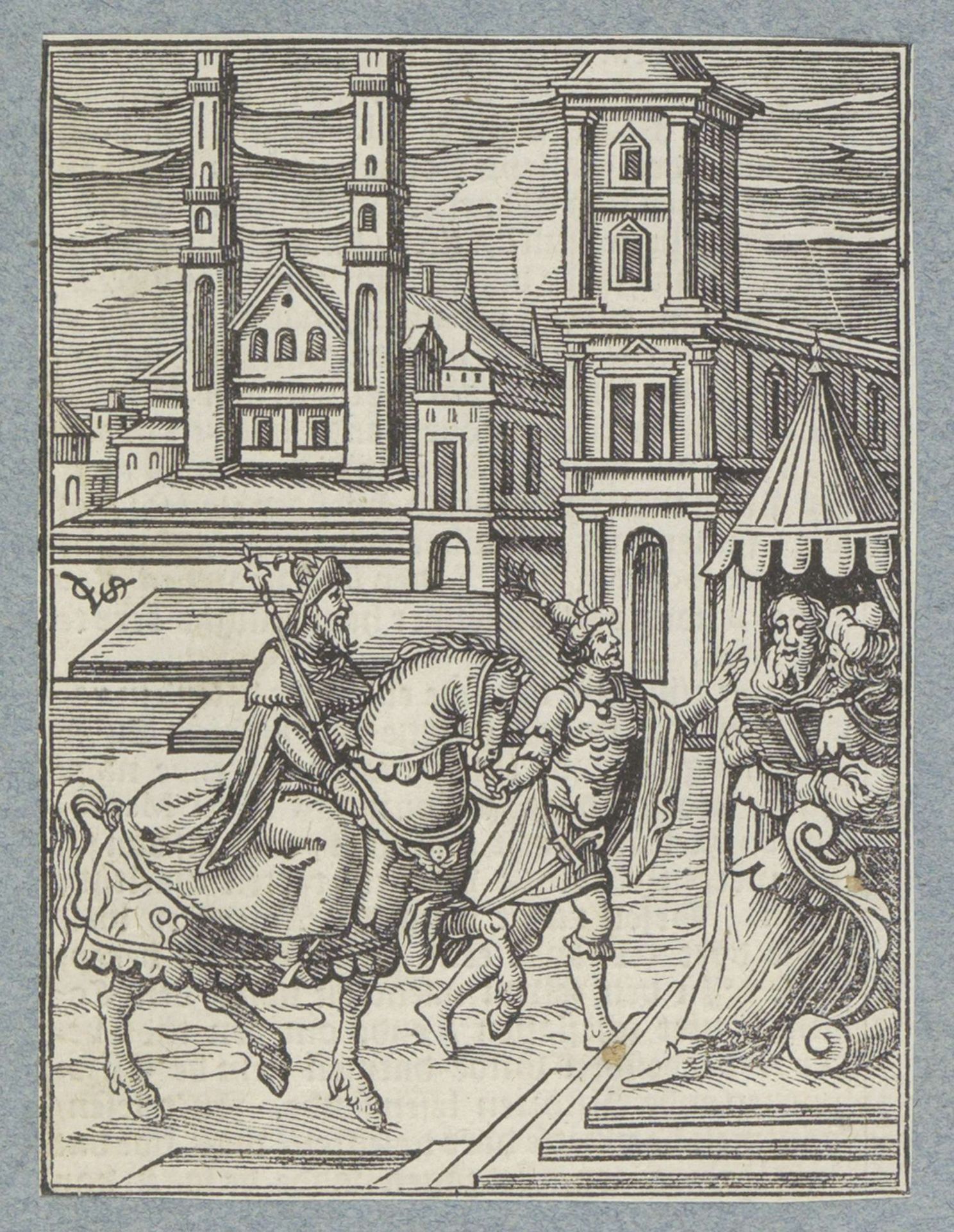 Haman leidt Mordekai in koningsgewaad en op het paard van de koning over de marktplaats by Christoffel van (II) Sichem