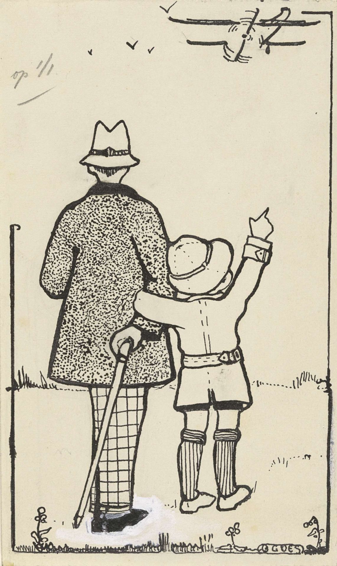 Man en jongen kijkend naar een vliegtuig by C. Goes
