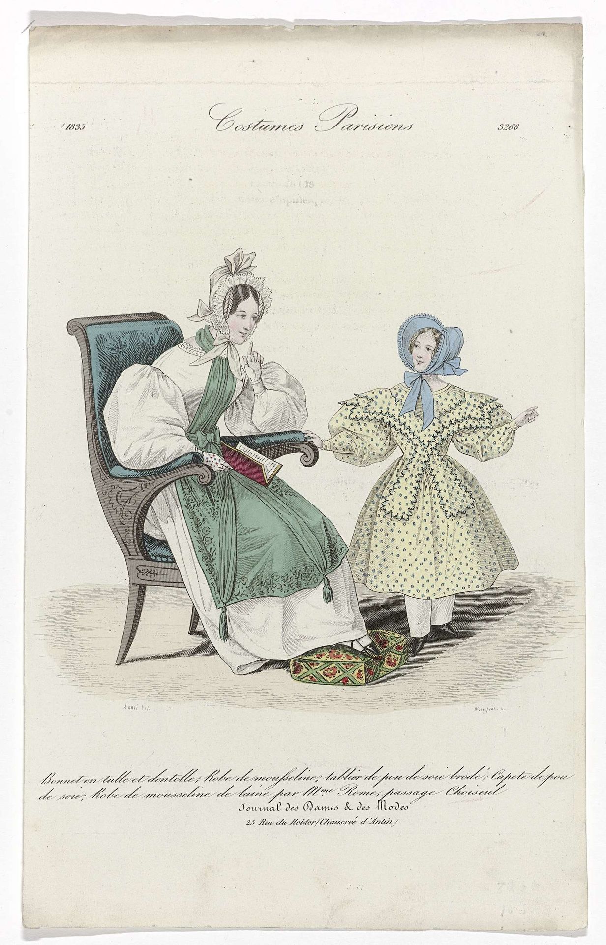 Journal des Dames et des Modes, Costumes Parisiens, 1835, (3266): Bonnet en tull (...) by Jean-Denis Nargeot