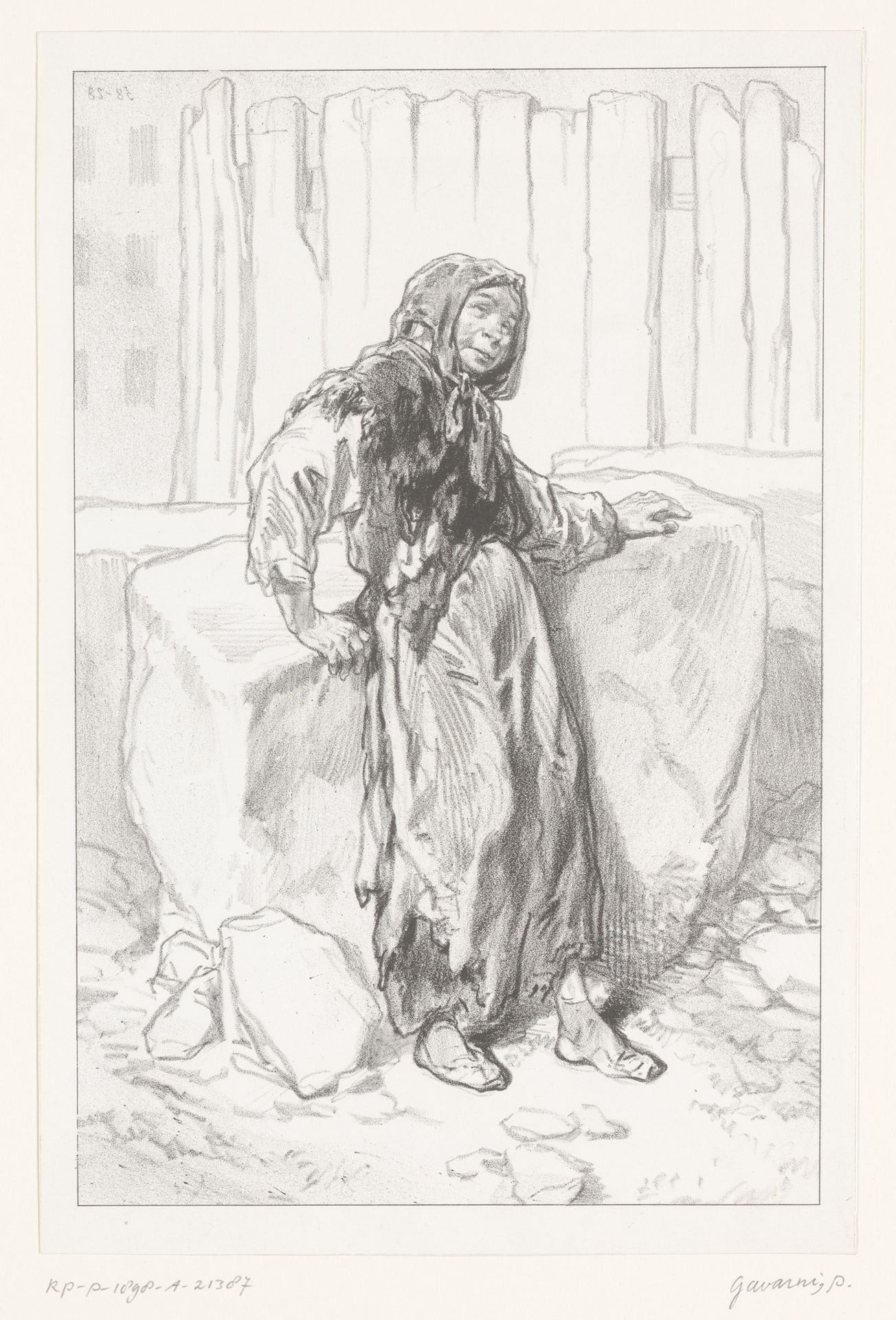 Arme oude vrouw op een bouwplaats by Paul Gavarni