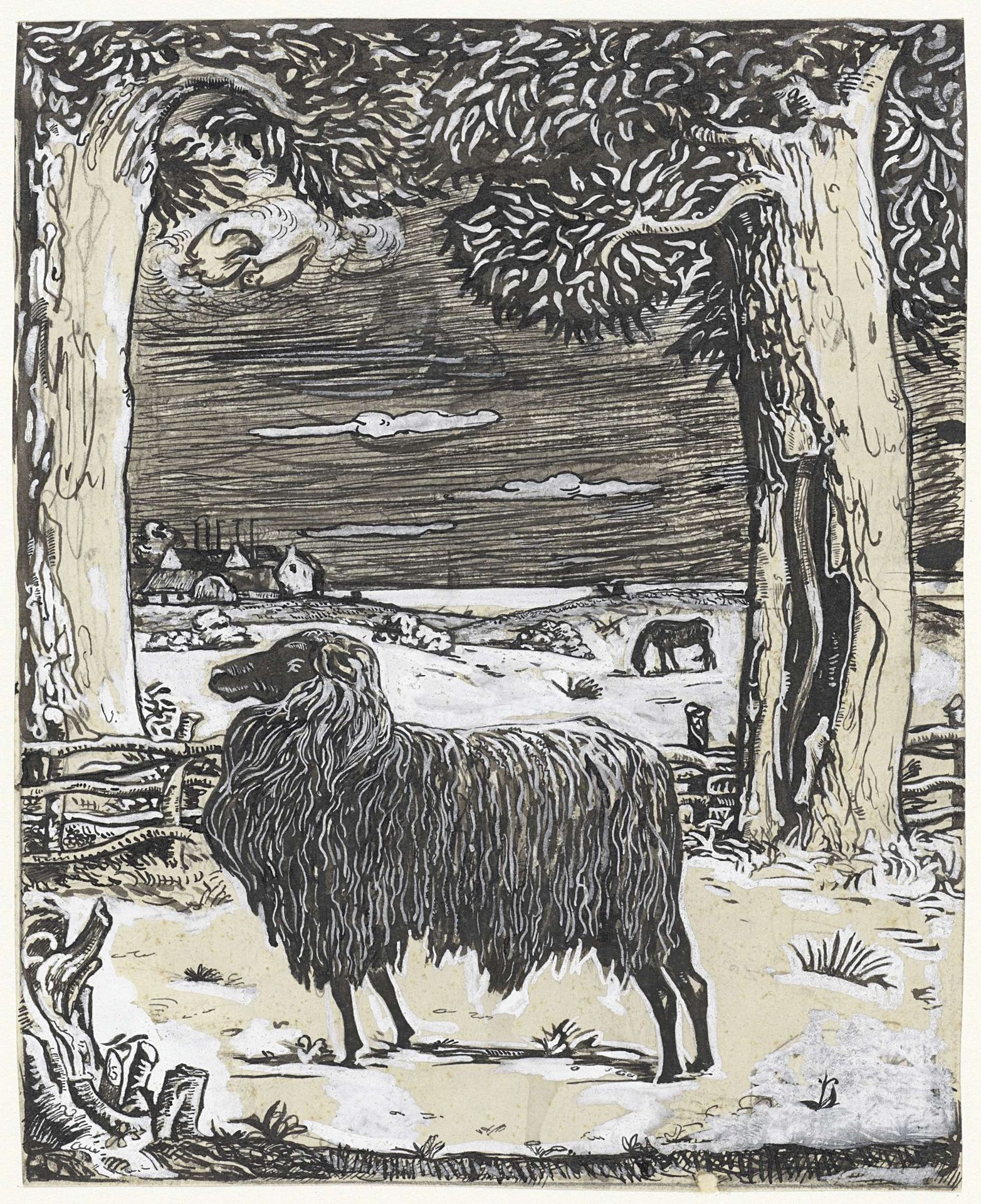 Schaap in een landschap met twee bomen by Richard Nicolaüs Roland Holst