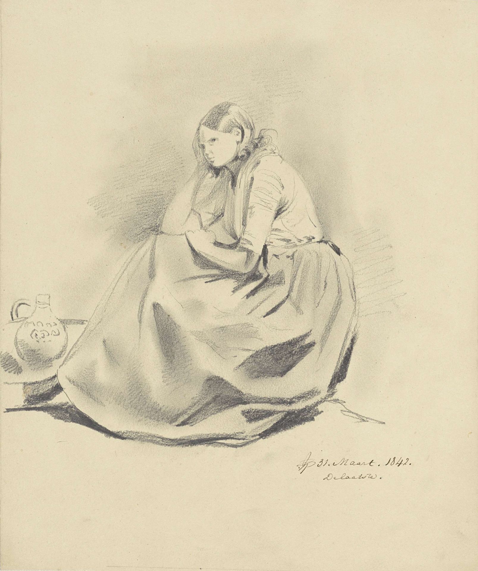 Zittende vrouw bij kruik by Pieter van Loon