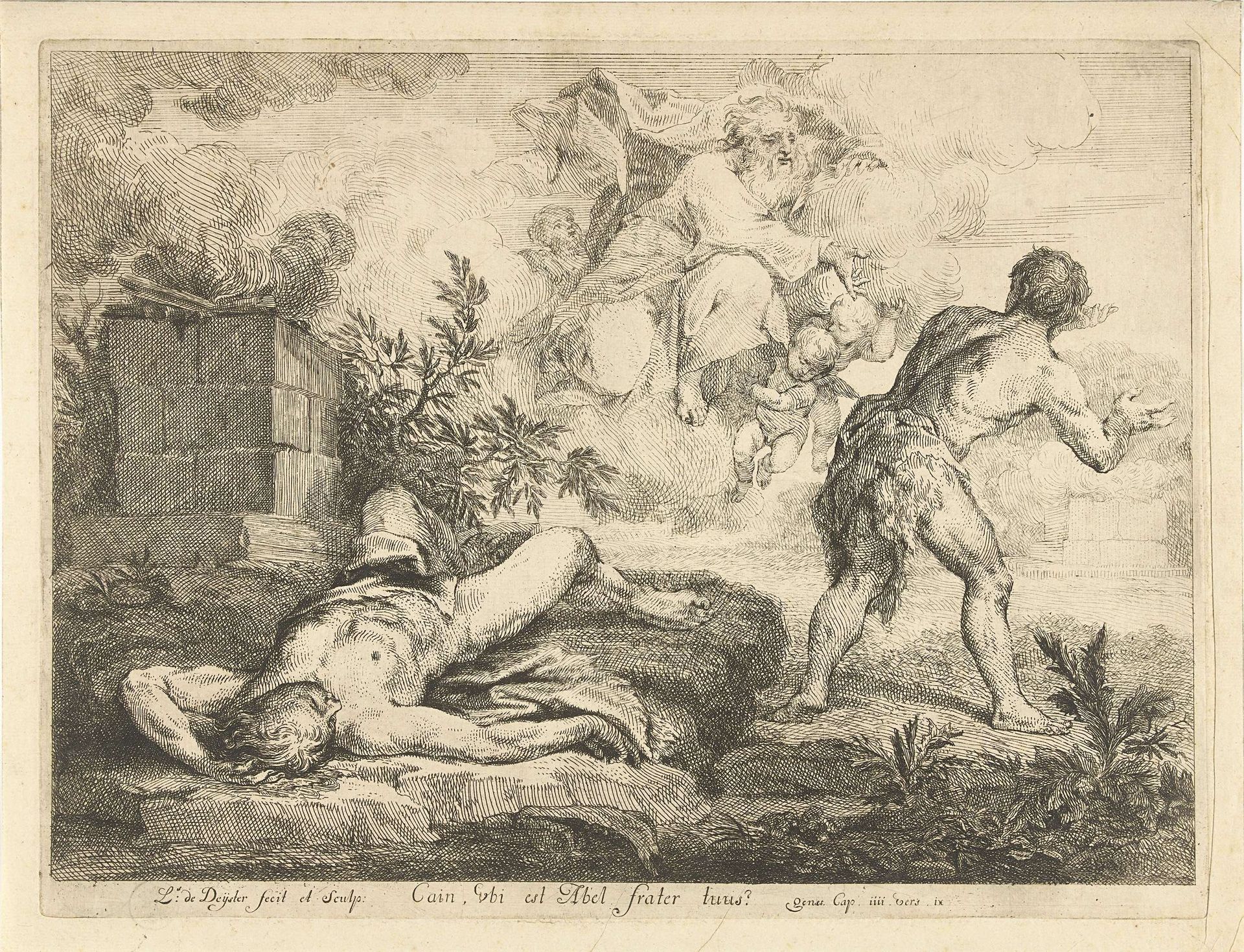 God roept Kaïn ter verantwoording nadat hij Abel heeft gedood by Louis de Deyster