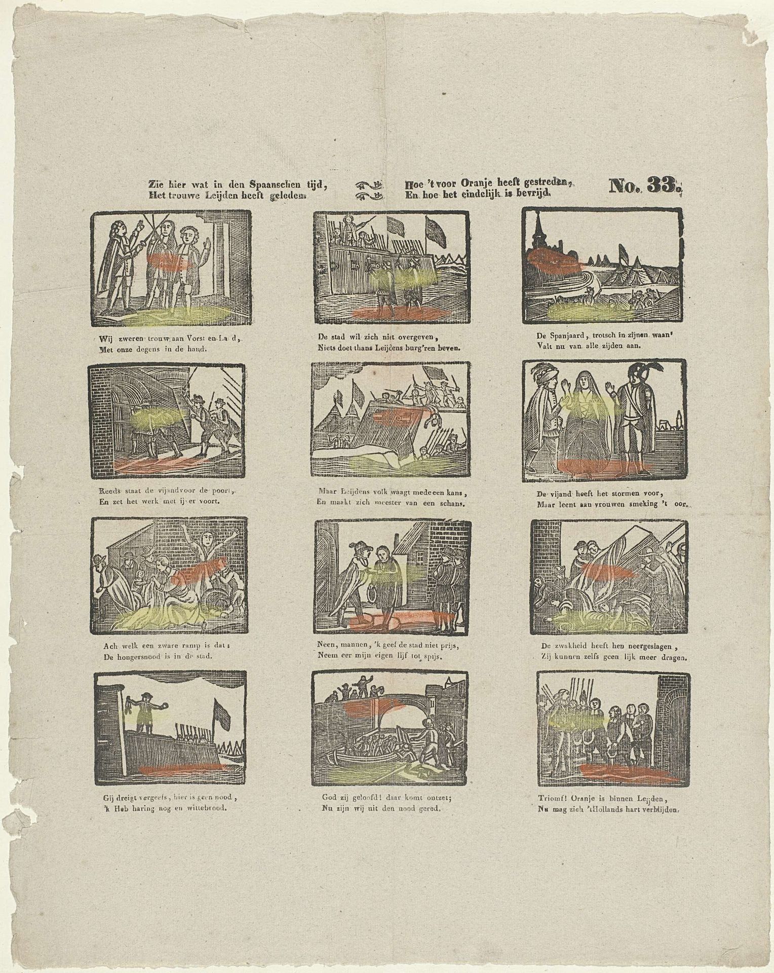 Wat onder 't Spaansche jok Oud-Holland heeft geleden, / En hoe 't met moed steeds voor zijn vrijheid heeft gestreden; / Gelijk 't beschreven staat in de historieblaan, / Toont, lieve kinderen, deez' fraaije prent u aan by Theodorus Johannes Wijnhoven-Hendriksen