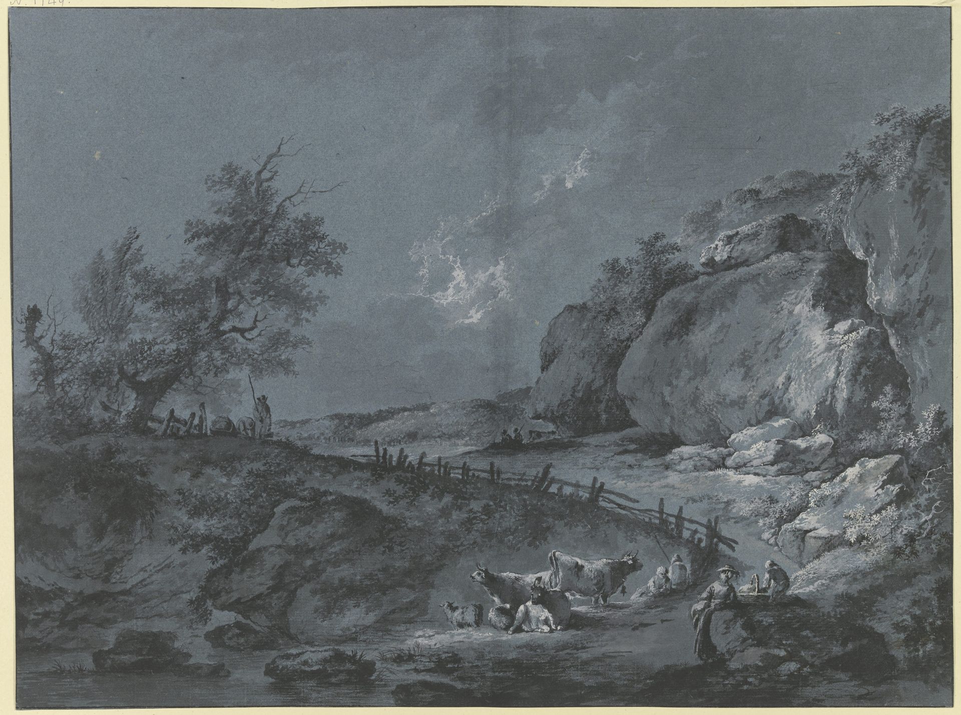 Bergweg am Fuß von Felsen, an der Biegung durch einen Lattenzaun begrenzt, iIm Vordergrund Hirten, Rinder und Schafe by Heinrich Wüest