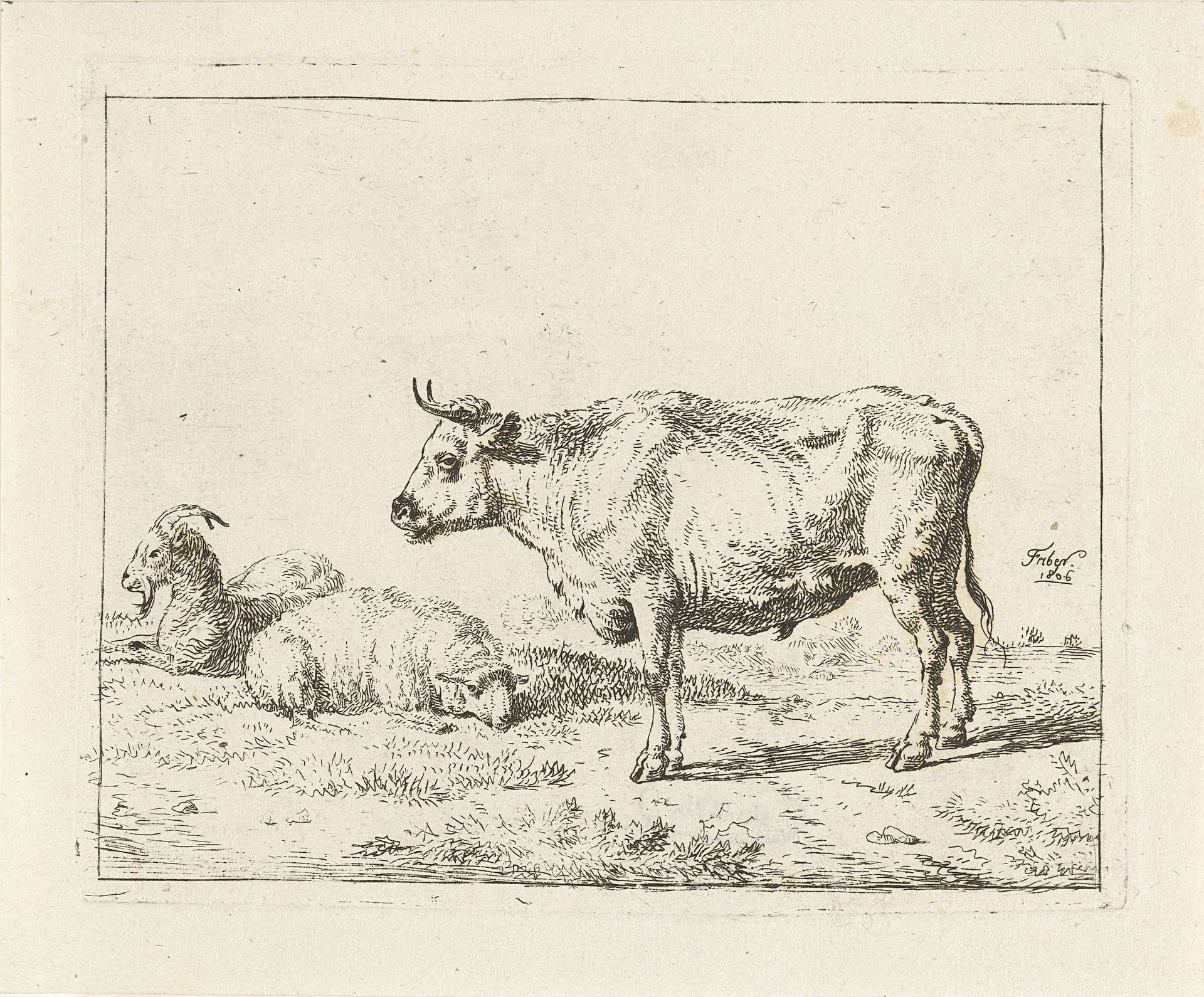 Geit, schaap en staande os by Frédéric Théodore Faber
