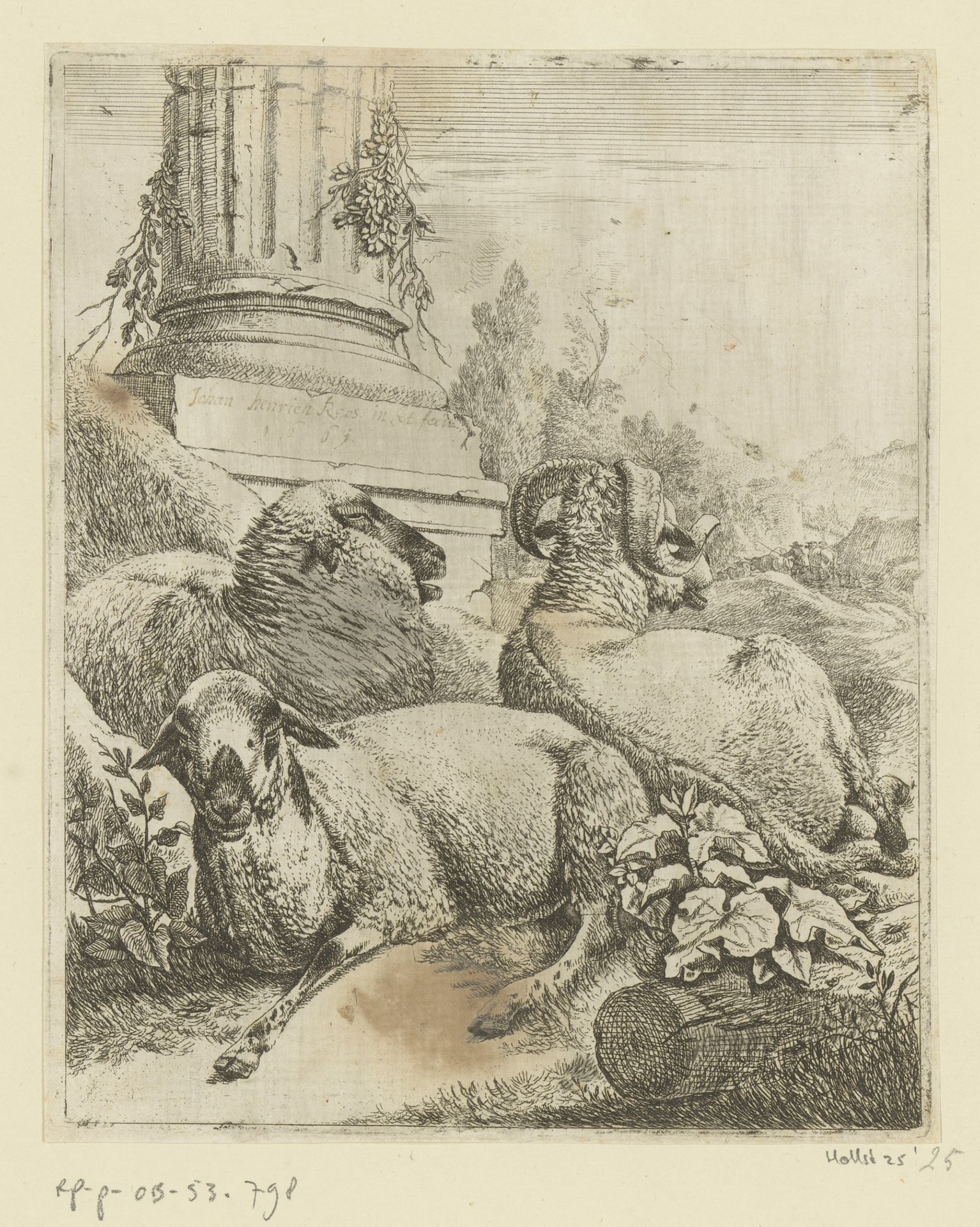 Ram een twee schapen bij voet van een zuil by Johann Heinrich Roos