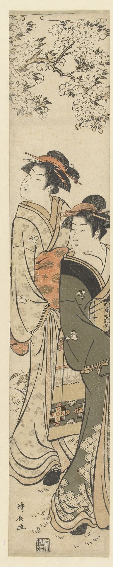 Twee opzij kijkende courtisanes onder een bloesemende kersenboom by Torii Kiyonaga