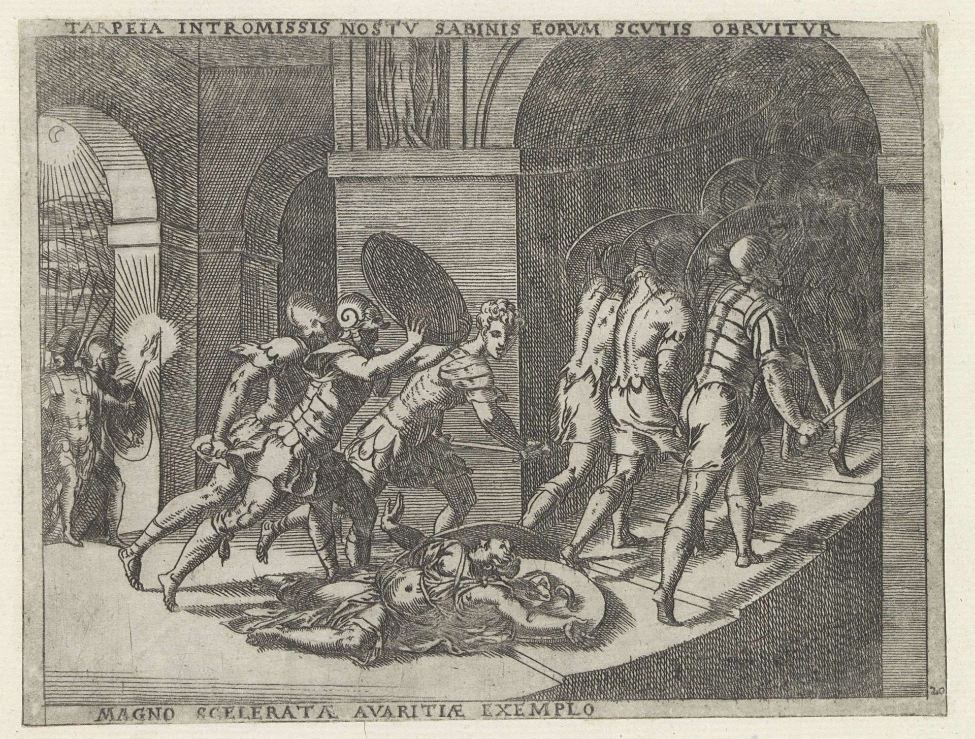 Tarpeia geplet door Sabijnse soldaten by Giovanni Battista Fontana