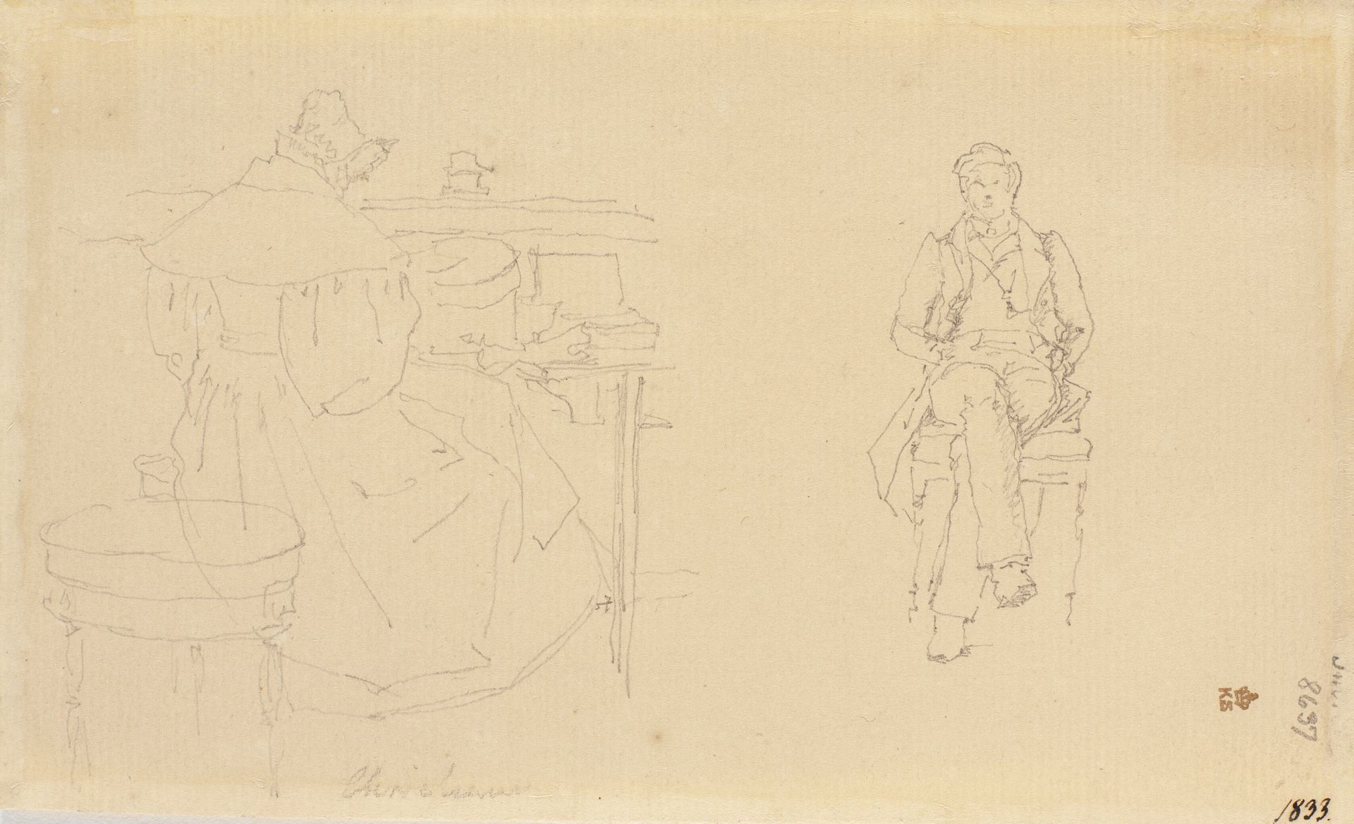 Kunstnerens søster Christiane, siddende ved sit ved sit sybord, med ryggen til. En siddende yngre mand, helfigur, en face by Christen Købke