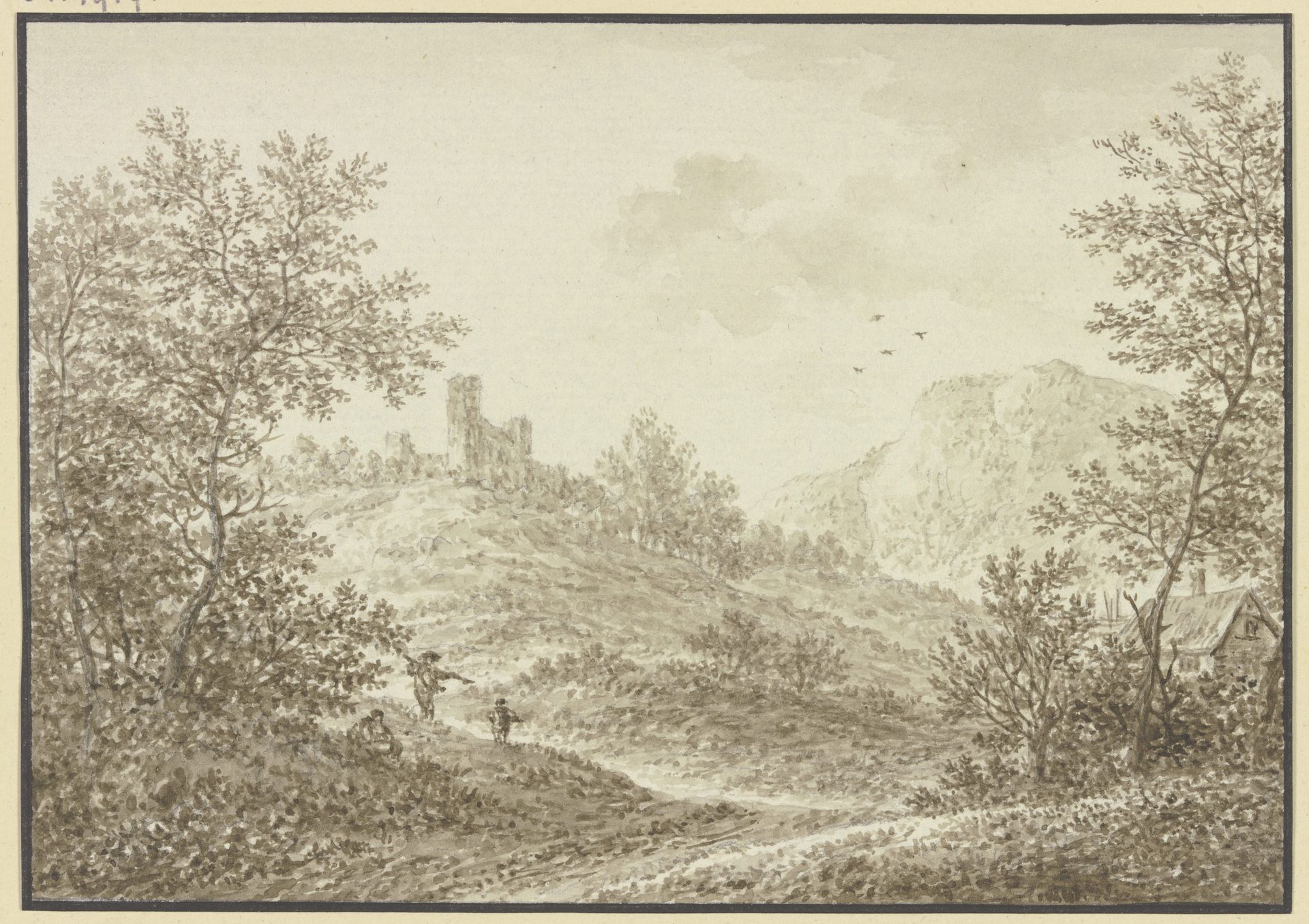Waldausgang mit Blick auf einen Hügel mit einer Ruine, im Vordergrund drei Figuren und rechts ein Bauernhof. by Karl Franz Kraul