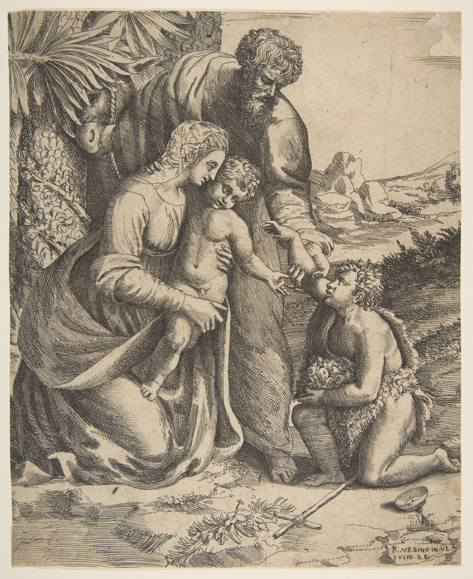 Holy Family with Saint John the Baptist who kneels at the right by Giulio Bonasone