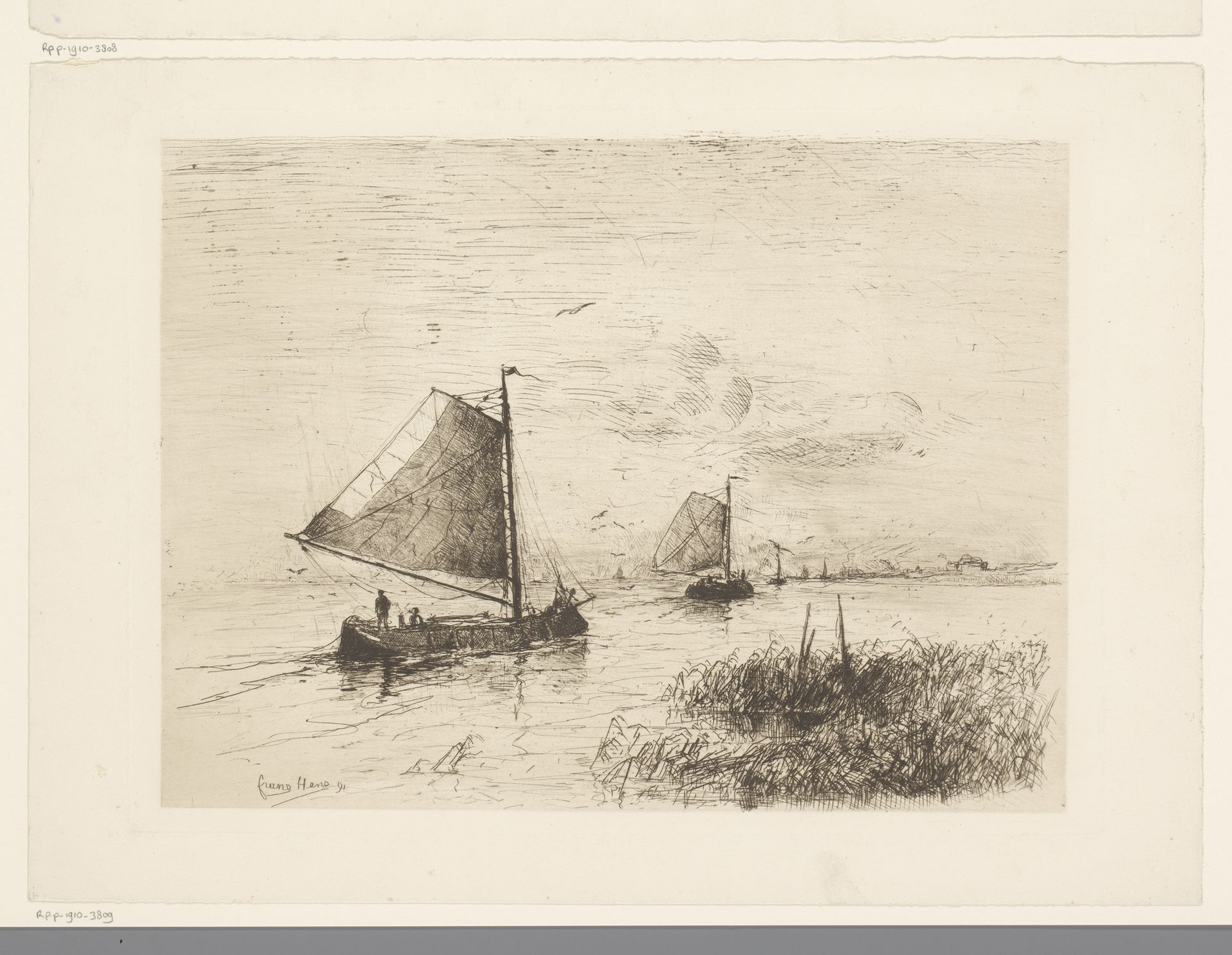 Twee zeilschepen op het water met op de achtergrond de kustlijn by Frans Hens