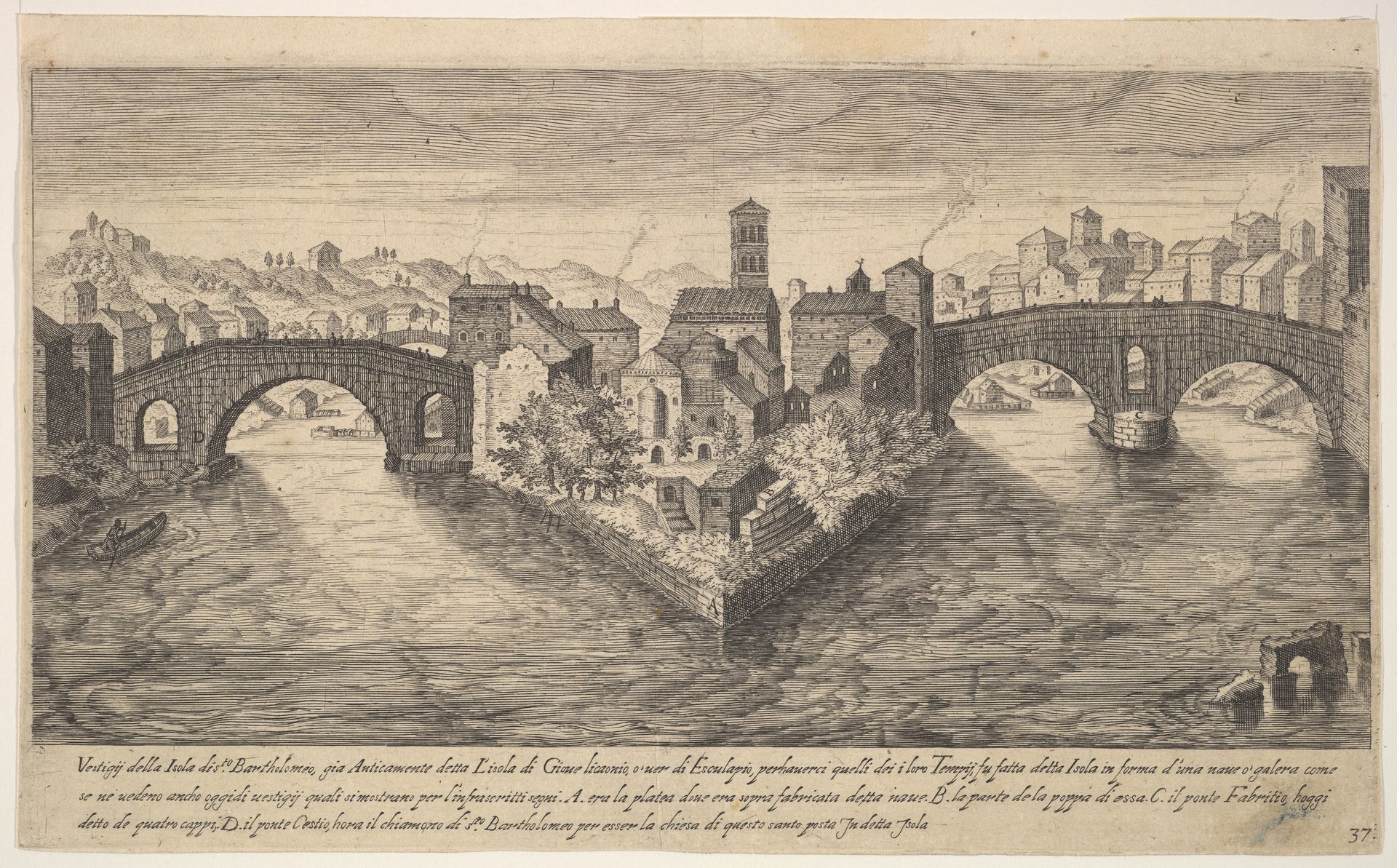 Plate 37: view of the church of San Bartolomeo all'Isola on Tiber Island, Rome, flanked by bridges, from the series 'Ruins of the antiquity of Rome, Tivoli, Pozzuoli, and other places' (Vestigi della antichità di Roma, Tivoli, Pozzvolo et altri luochi) by Aegidius Sadeler II