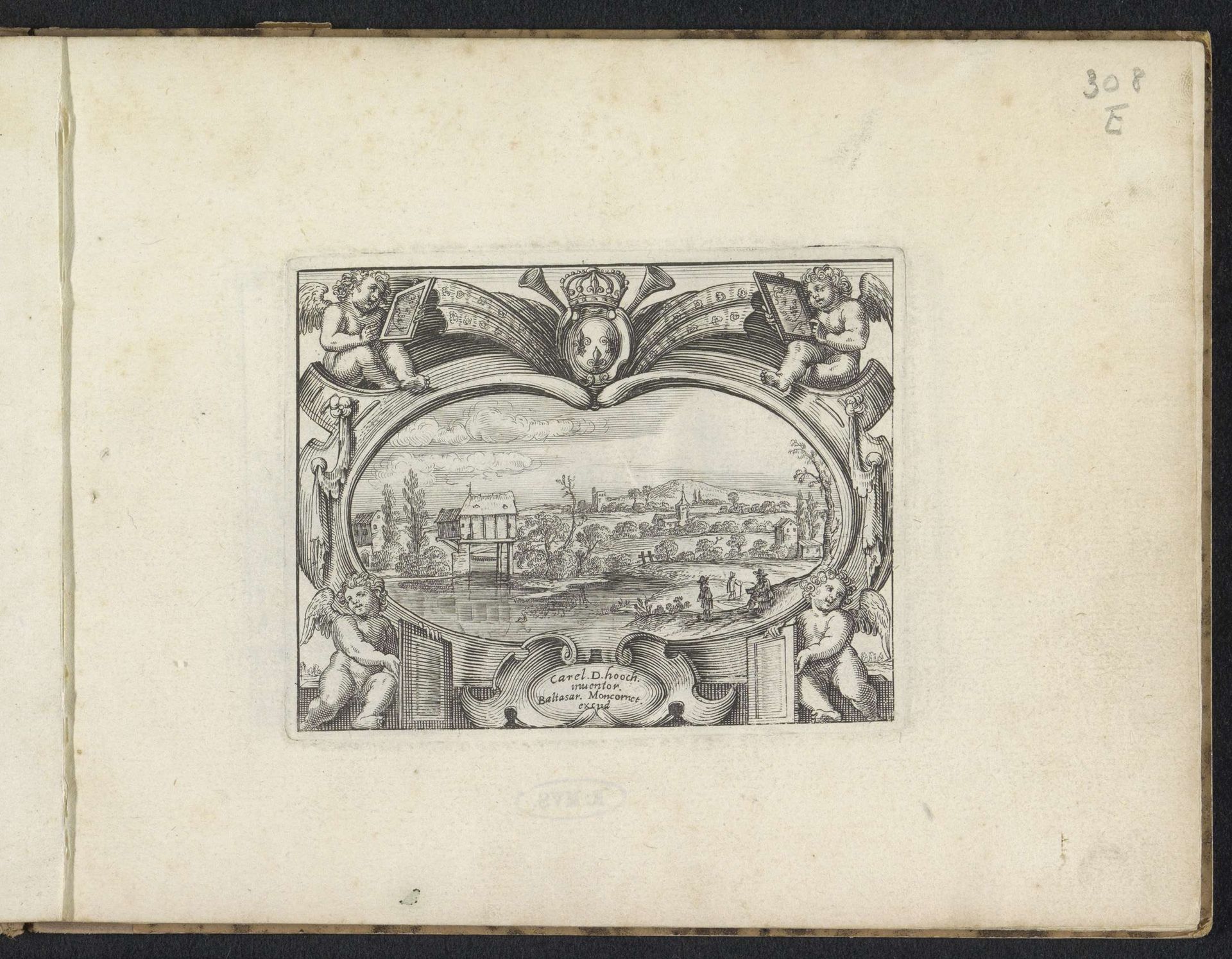 Cartouche en een landschap met een hut op palen by Chaerles de Hooch
