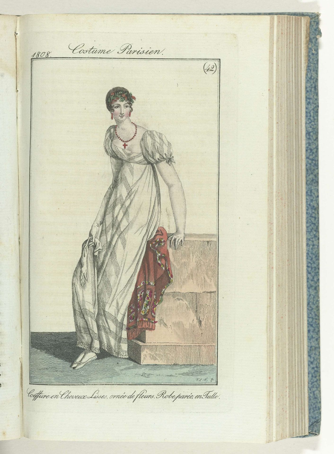 Journal des Dames et des Modes, editie Frankfurt 16 octobre 1808, Costume Parisien (42) : Coeffure en Cheveux Lisses, ornée de fleurs. Robe parée en Tulle. by Friedrich Ludwig Neubauer