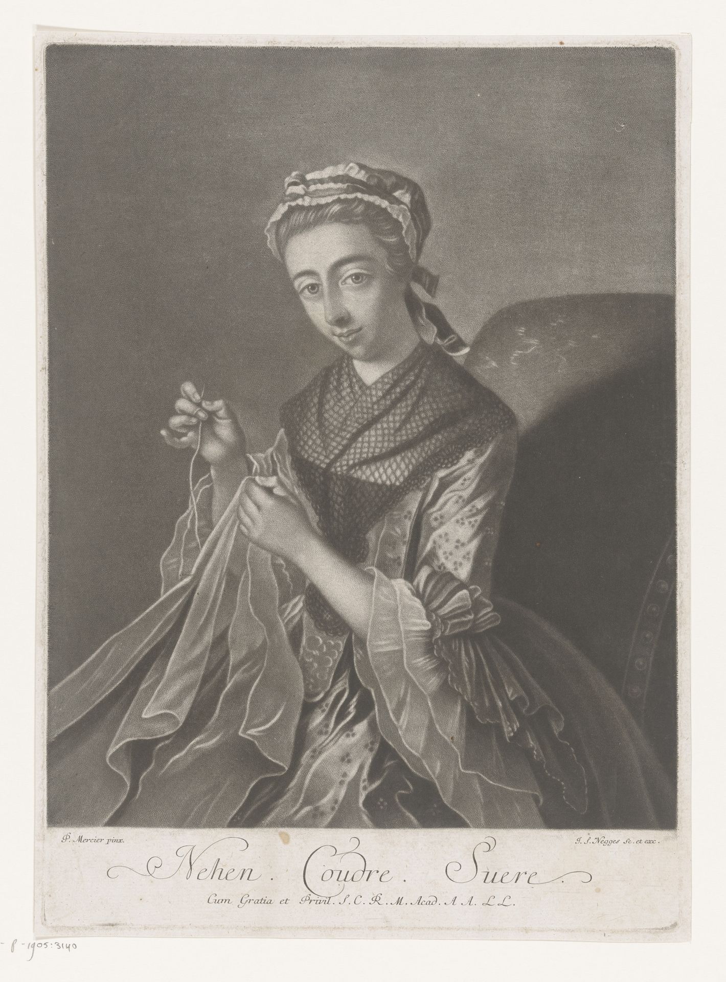 Dame bezig met naaiwerk by Johann Simon Negges