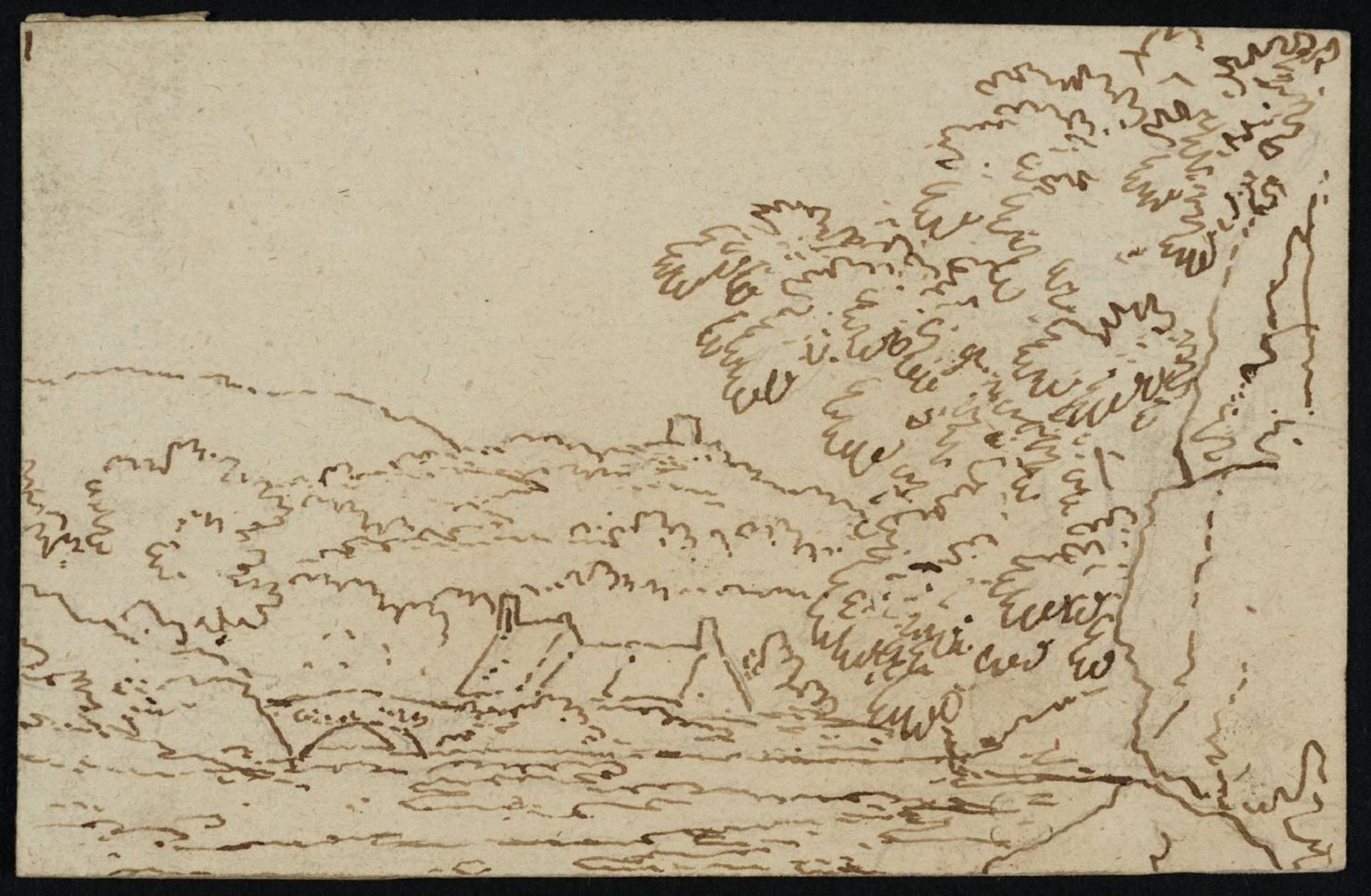 View of a River with Houses by a Single-Arched Bridge, and a Tower on a Wooded Hill Beyond by  Philip James De Loutherbourg