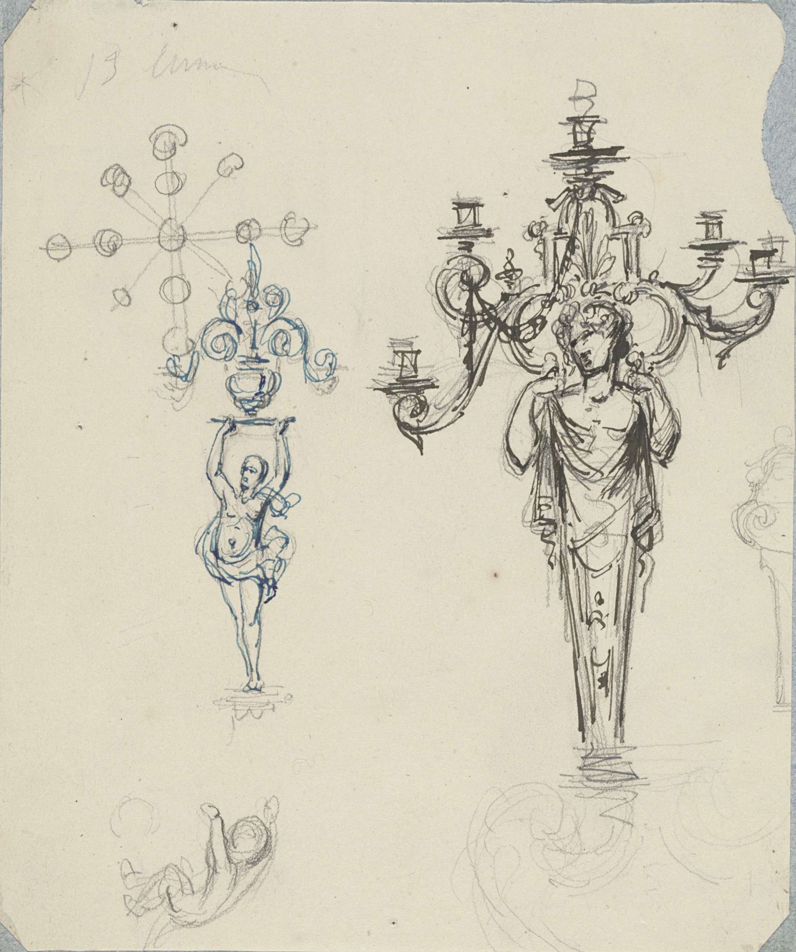 Ontwerpen voor een torchère in de vorm van een vrouwenfiguur met daarop een kandelaber, een kandelaber met een hermschacht, een jongetje, een schild en een voetstuk by Henri Cameré
